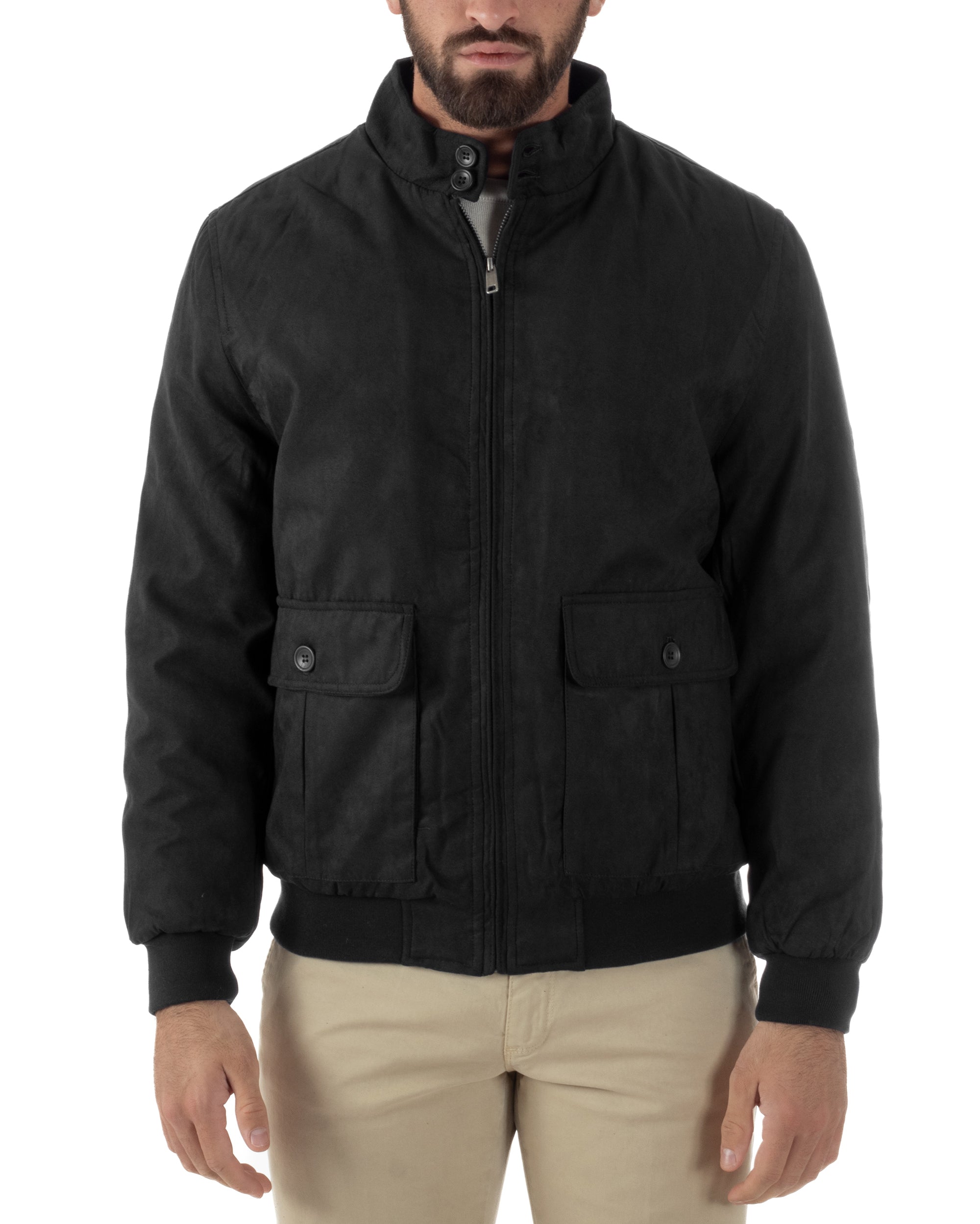 Giubbotto Uomo Bomber Camoscio Morbido Zip Tasconi Nero G3378A