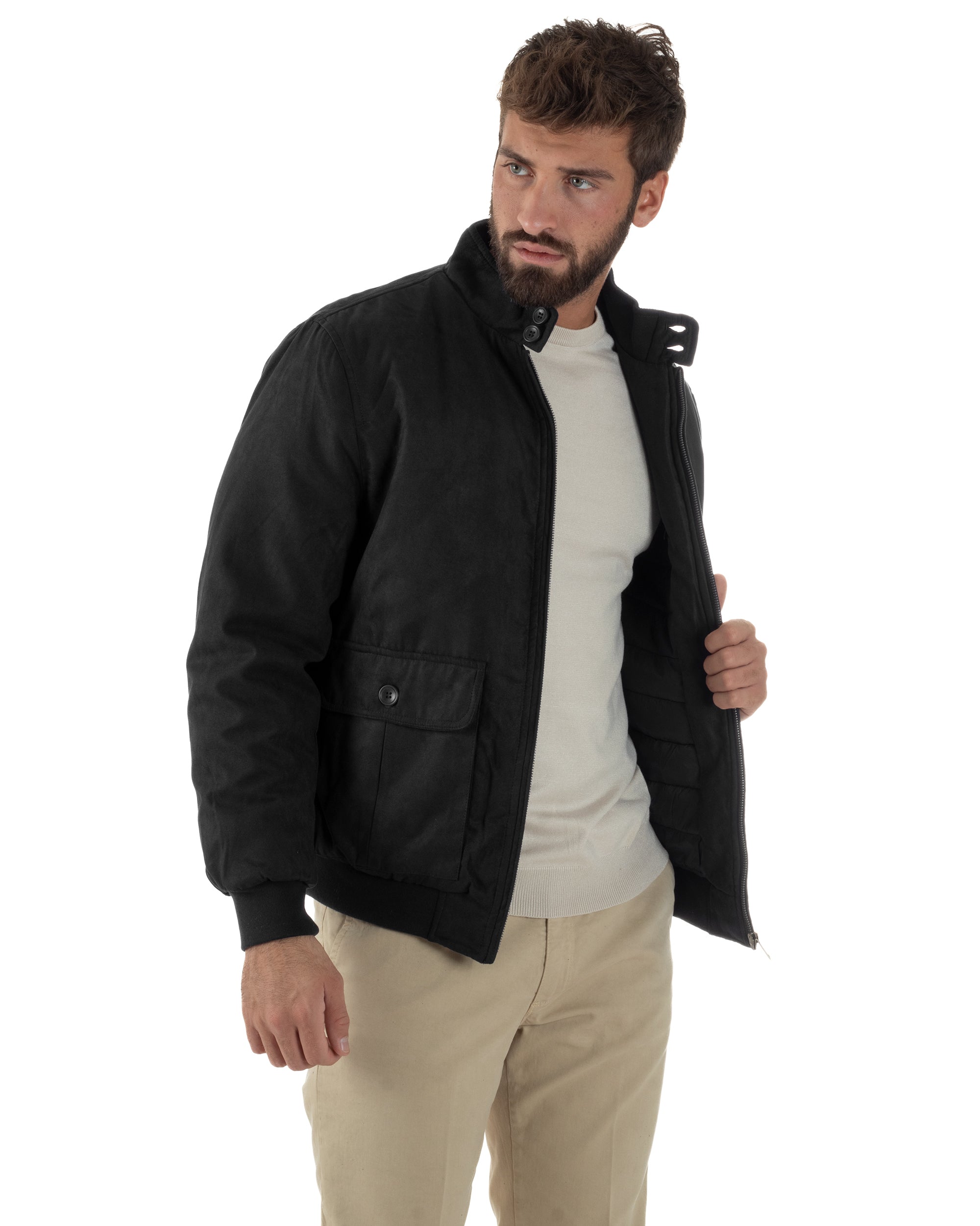 Giubbotto Uomo Bomber Camoscio Morbido Zip Tasconi Nero G3378A