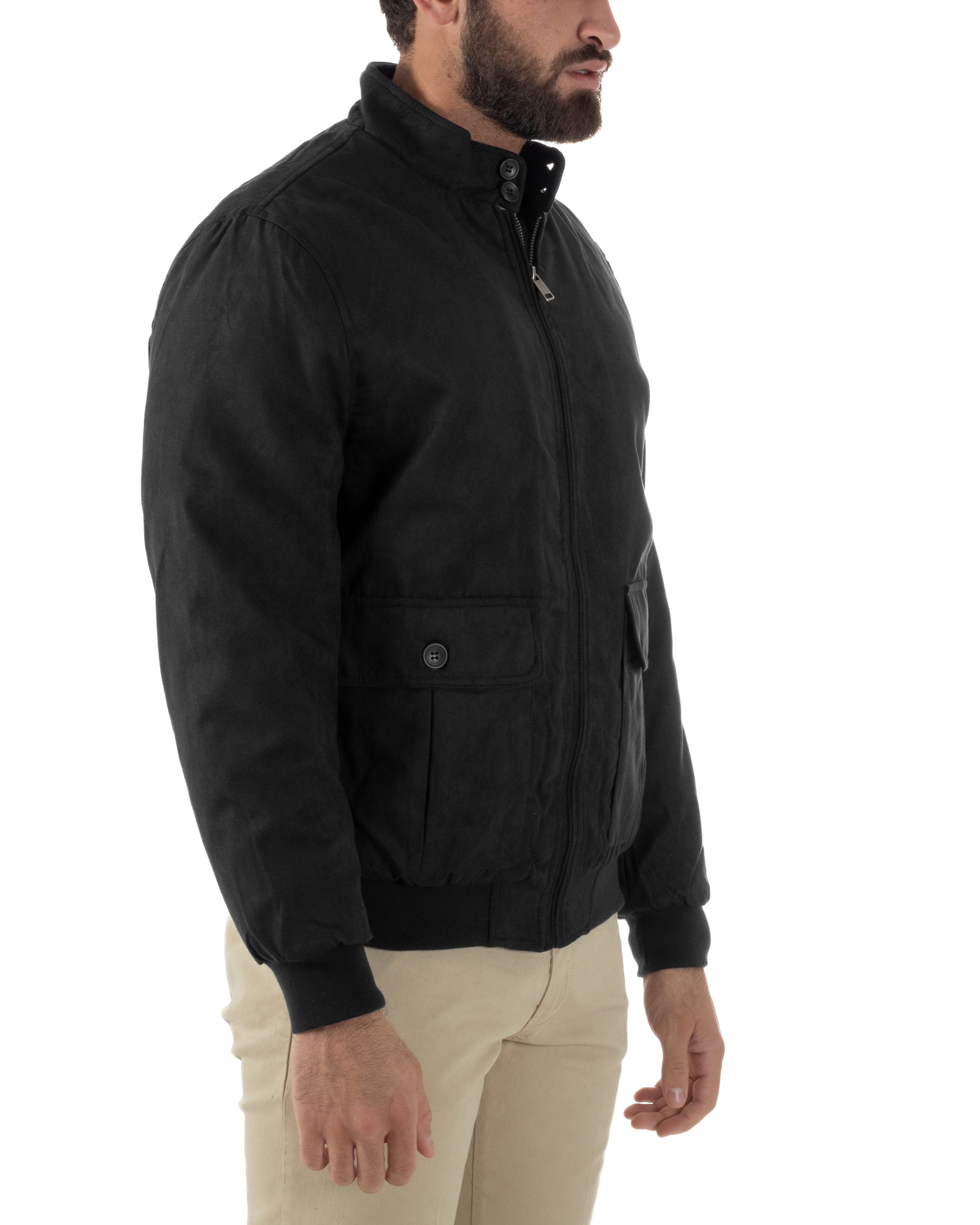 Giubbotto Uomo Bomber Camoscio Morbido Zip Tasconi Nero G3378A