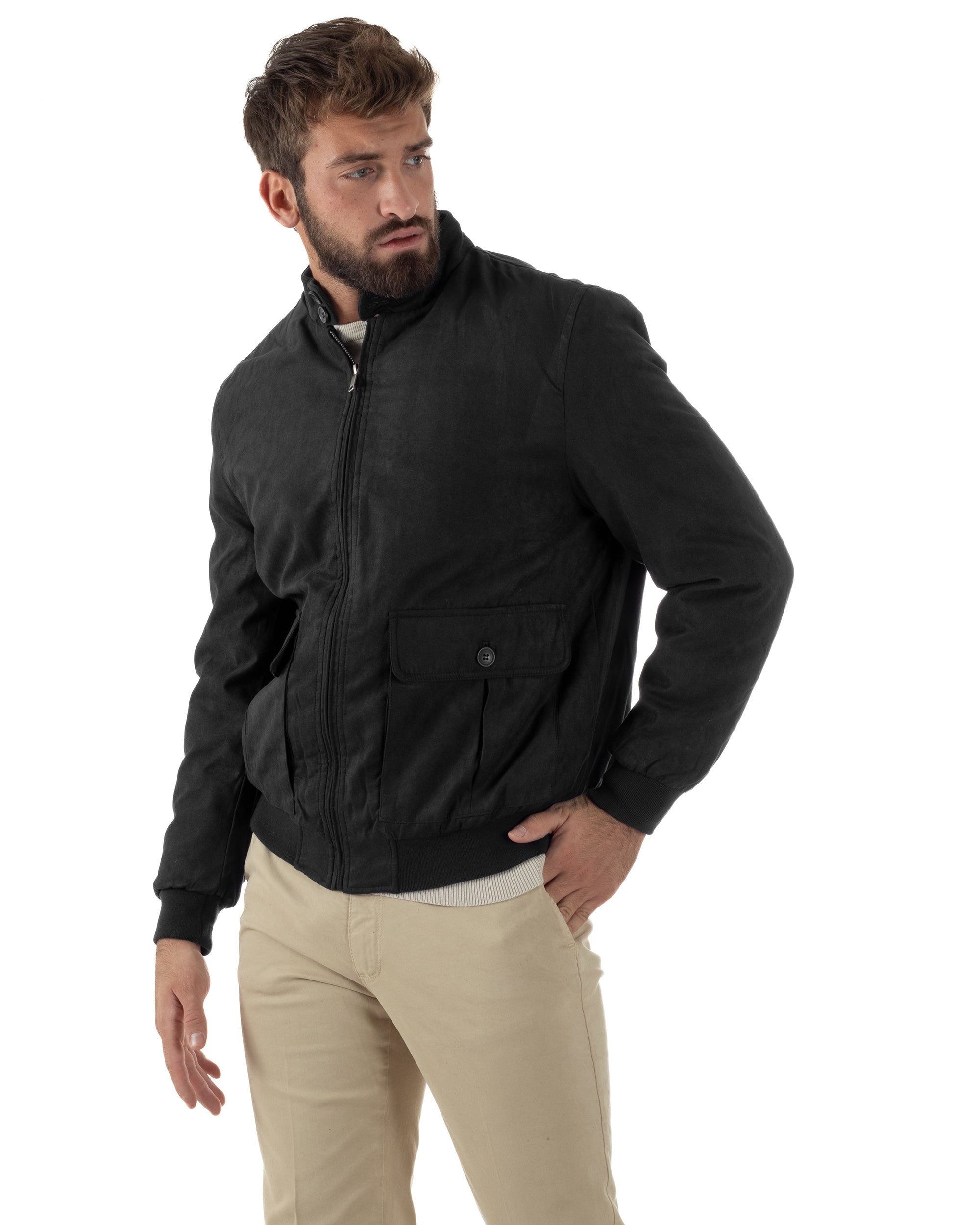 Giubbotto Uomo Bomber Camoscio Morbido Zip Tasconi Nero G3378A