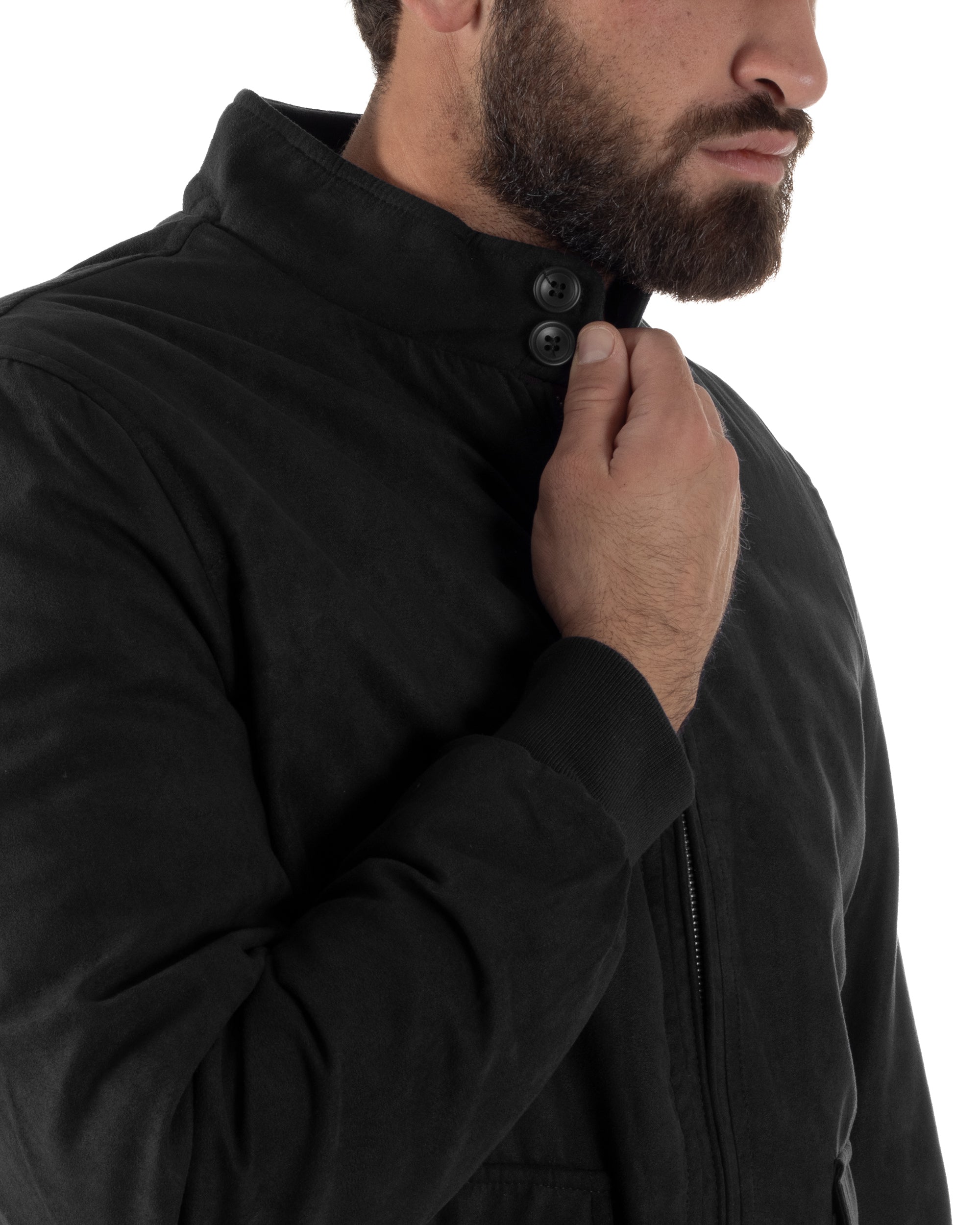 Giubbotto Uomo Bomber Camoscio Morbido Zip Tasconi Nero G3378A
