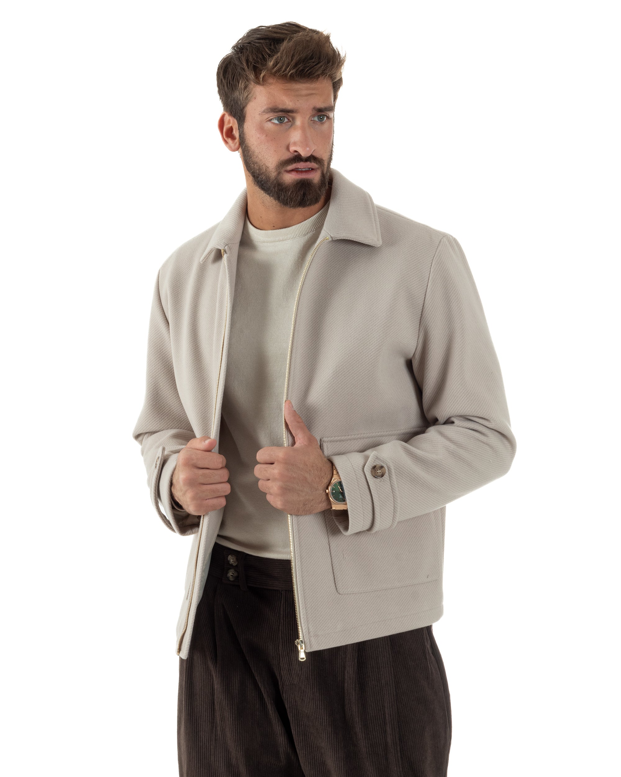 Giubbotto Uomo Giacca Bomber Panno Spigato Zip Colletto Beige BlackSunday G3379A