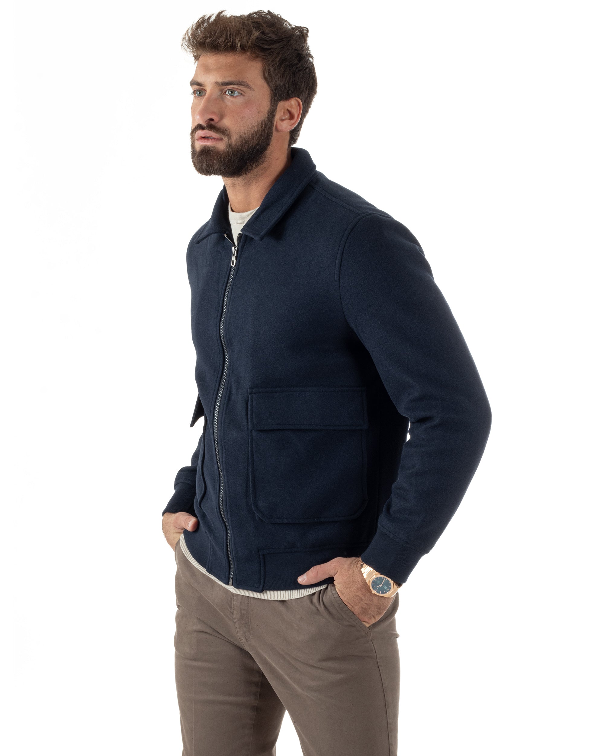 Giubbotto Uomo Zip Colletto Bomber Panno Blu G3381A