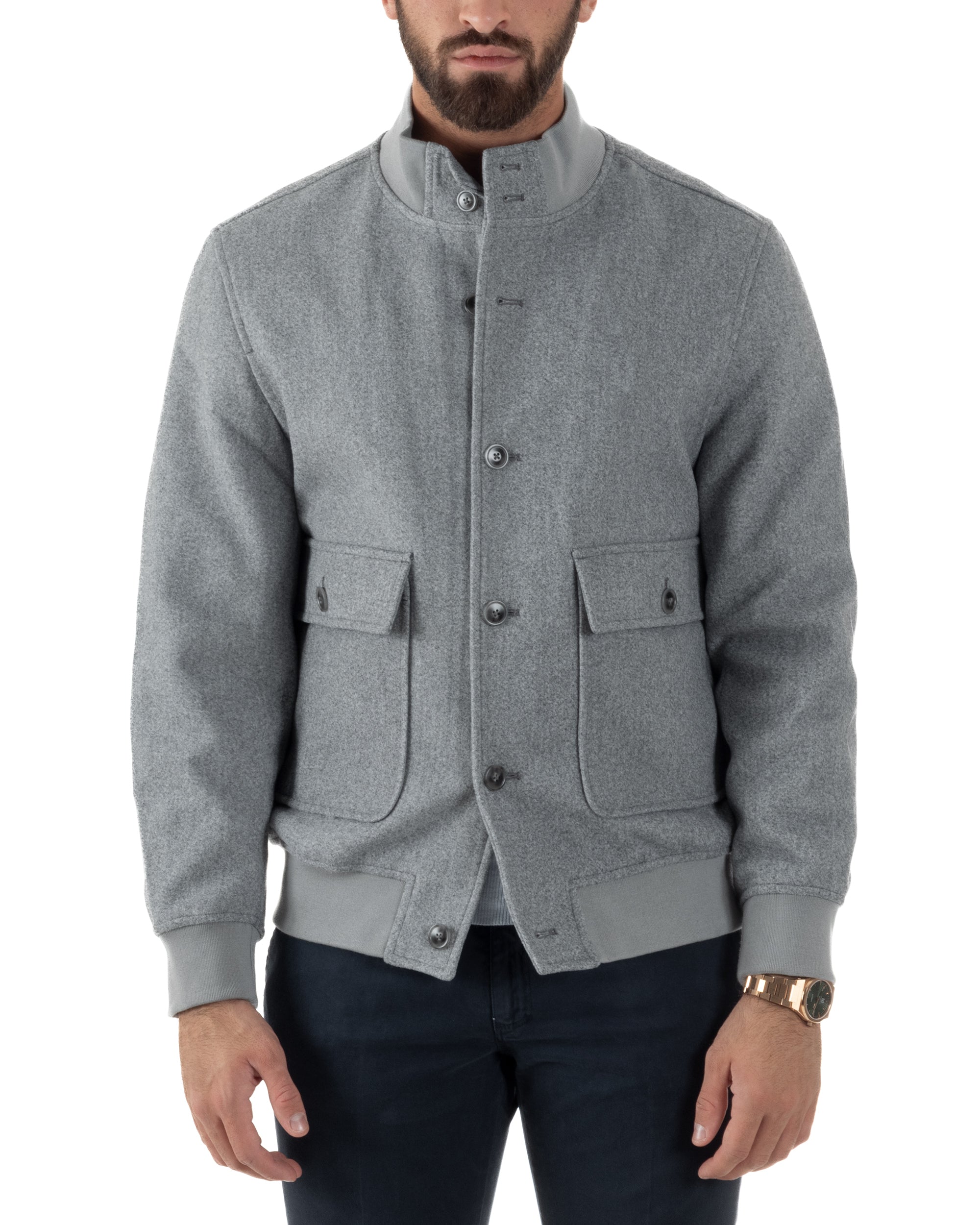 Giubbotto Uomo Bomber Giacca College Panno Bottoni Grigio G3382A