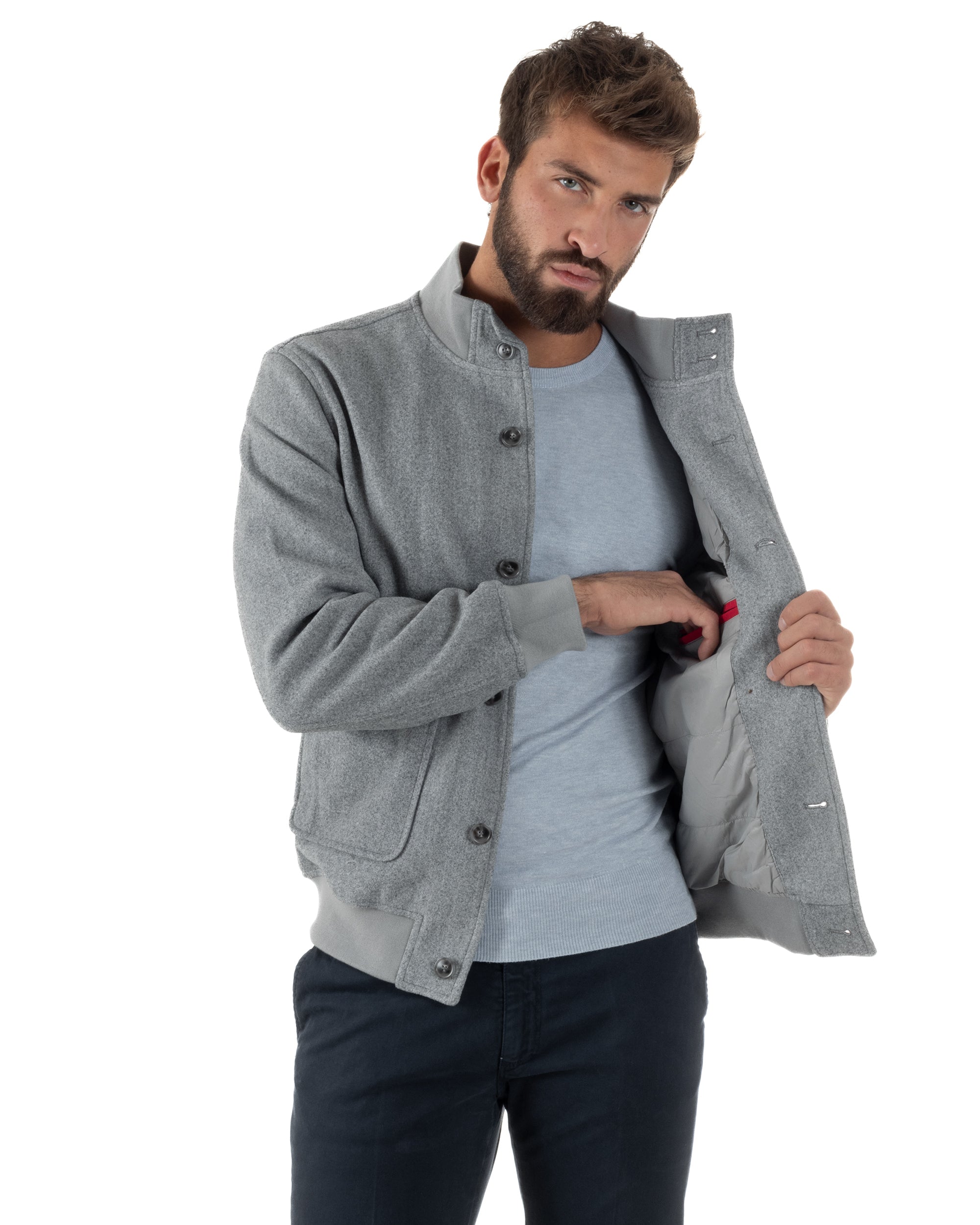 Giubbotto Uomo Bomber Giacca College Panno Bottoni Grigio G3382A