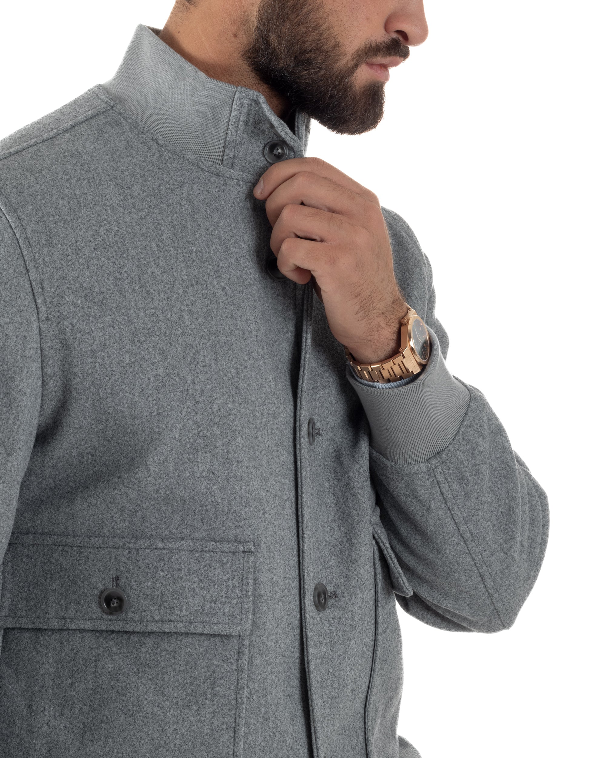 Giubbotto Uomo Bomber Giacca College Panno Bottoni Grigio G3382A