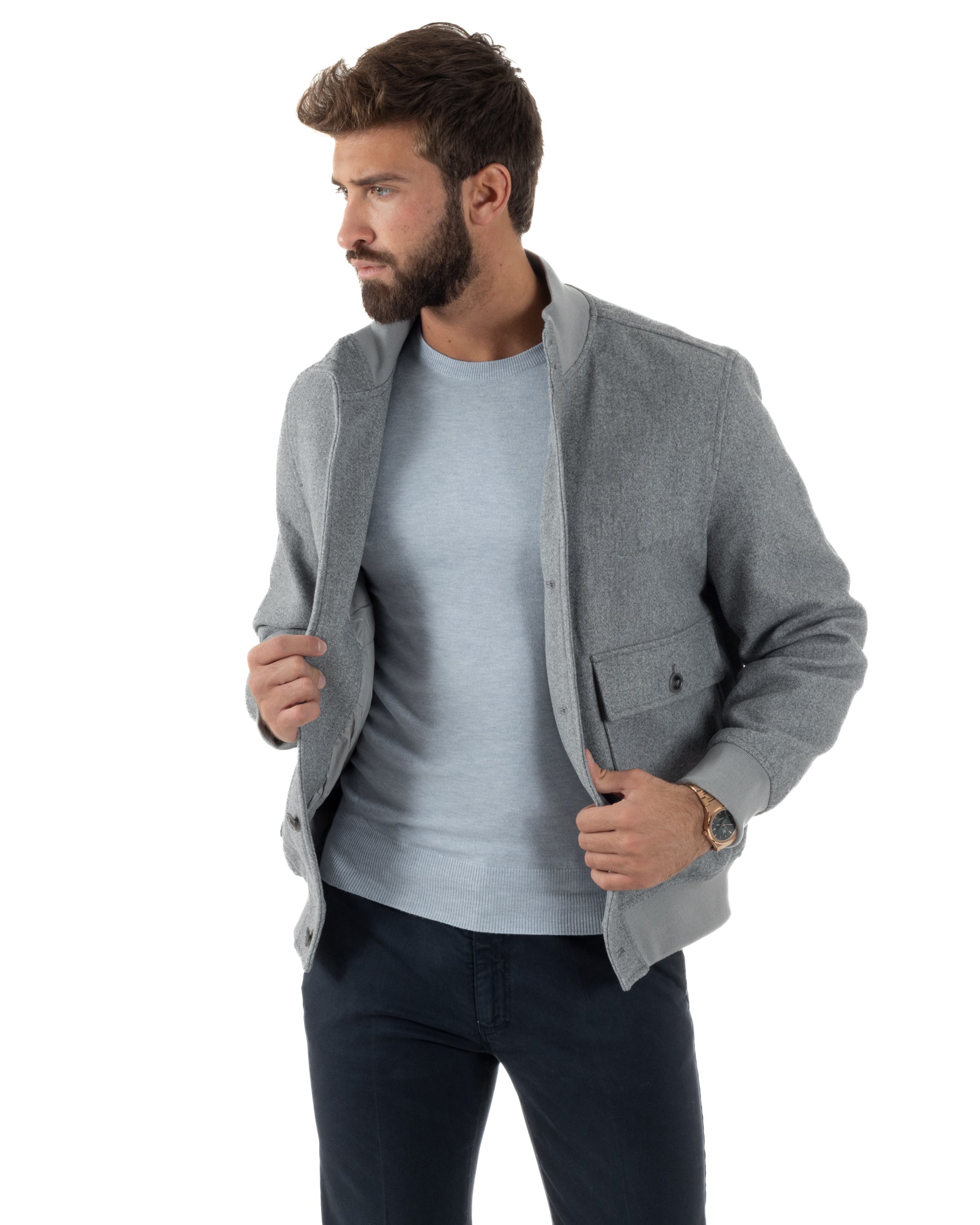 Giubbotto Uomo Bomber Giacca College Panno Bottoni Grigio G3382A