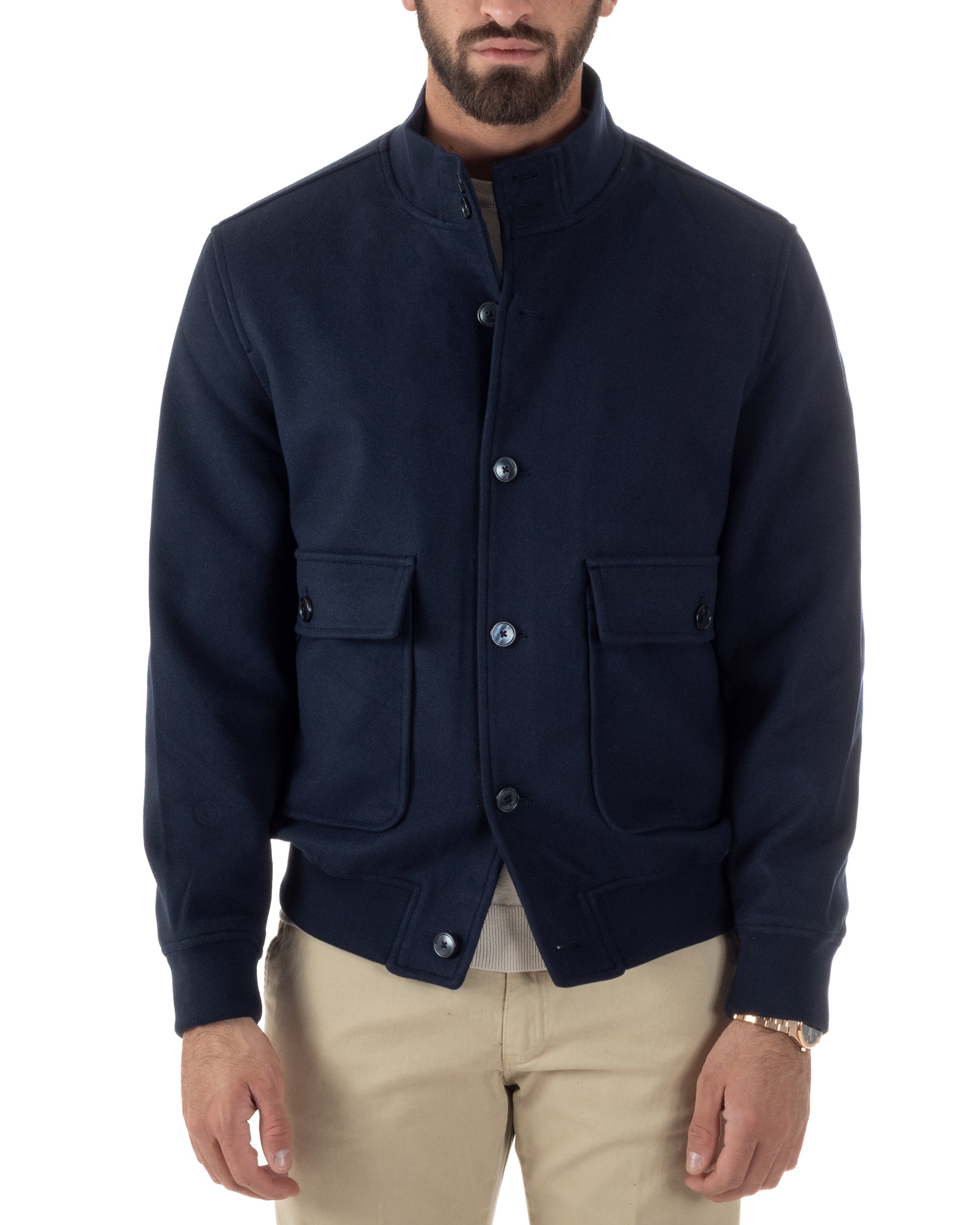 Giubbotto Uomo Bomber Giacca College Panno Bottoni Blu G3383A