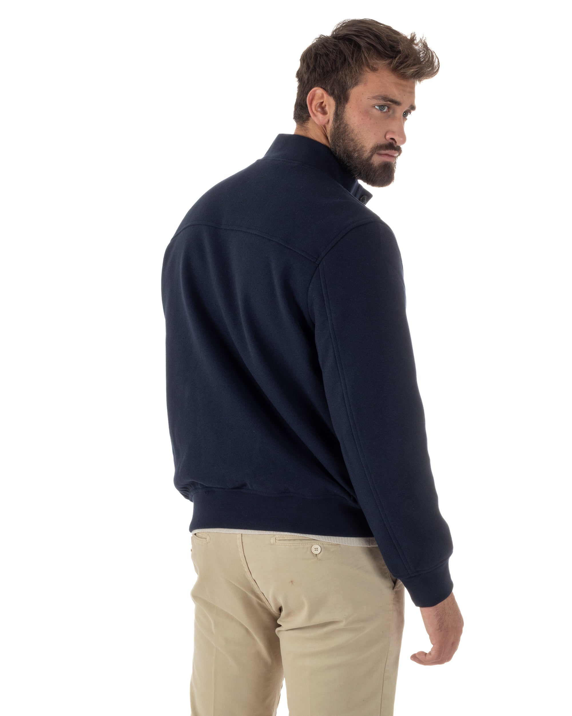 Giubbotto Uomo Bomber Giacca College Panno Bottoni Blu G3383A