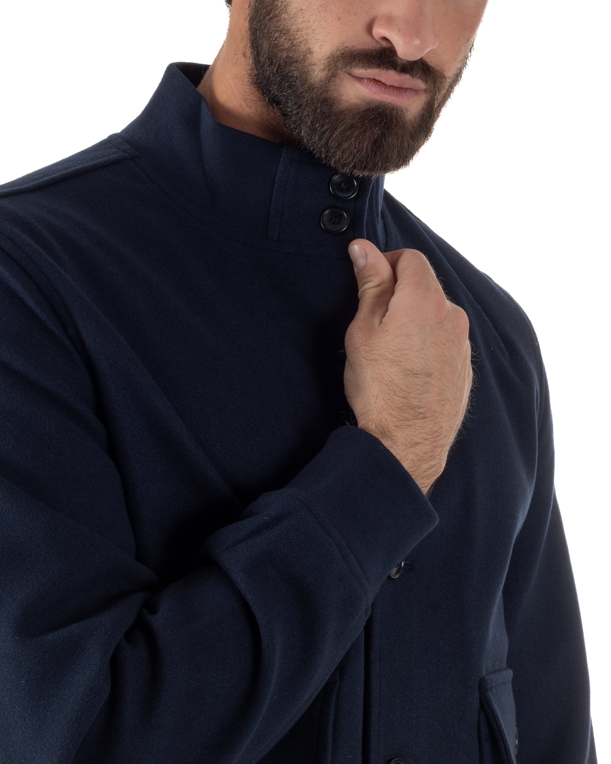 Giubbotto Uomo Bomber Giacca College Panno Bottoni Blu G3383A