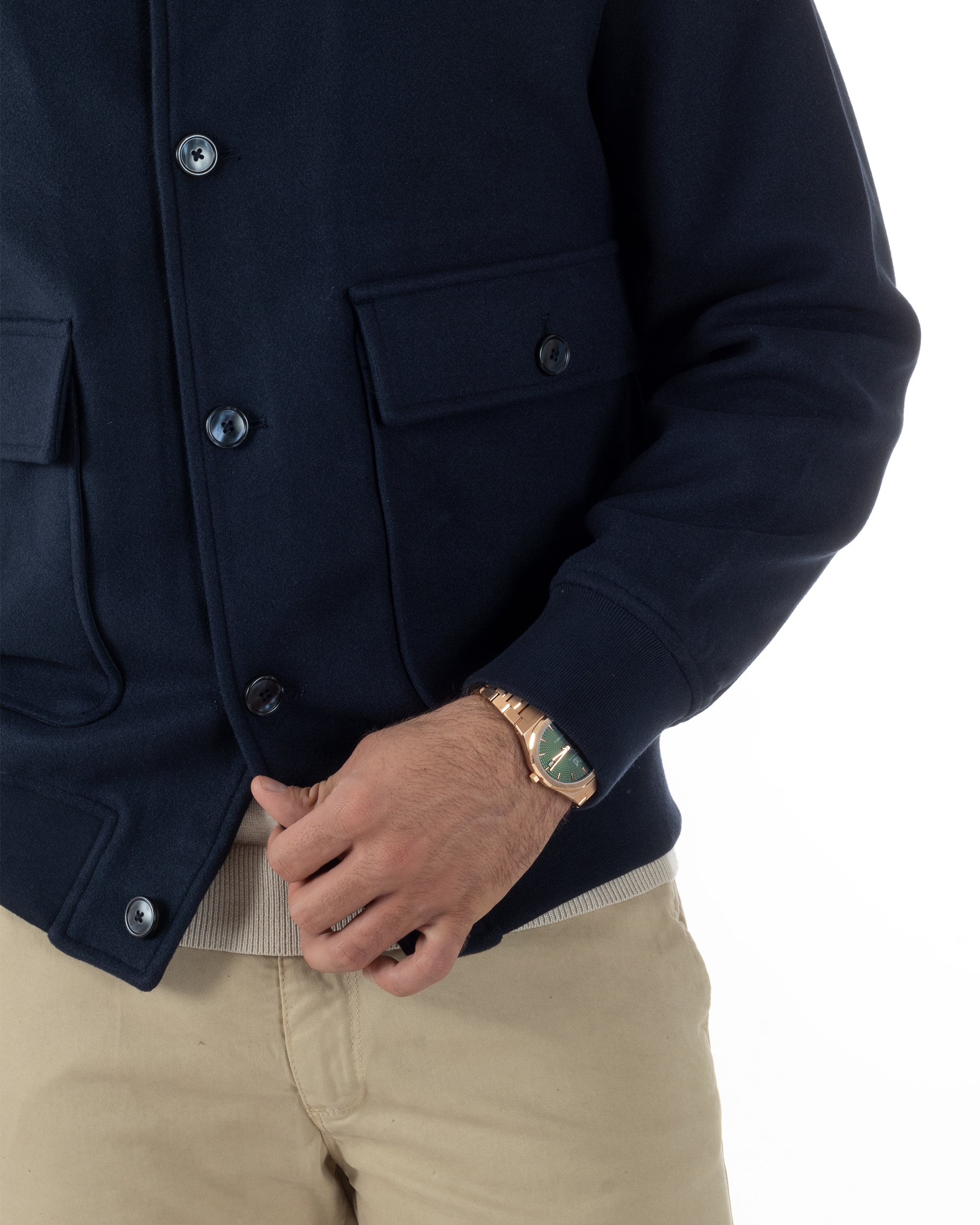 Giubbotto Uomo Bomber Giacca College Panno Bottoni Blu G3383A