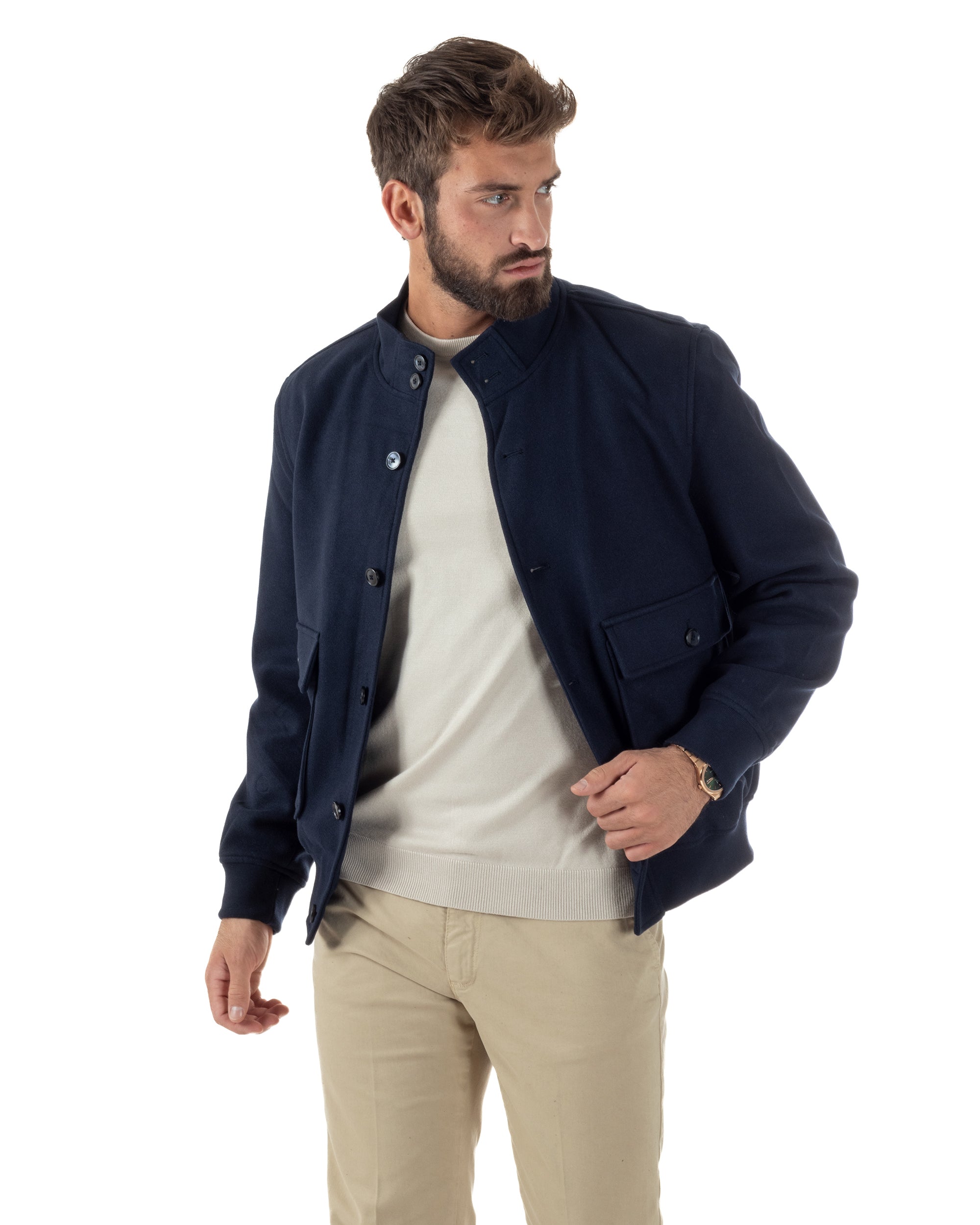 Giubbotto Uomo Bomber Giacca College Panno Bottoni Blu G3383A