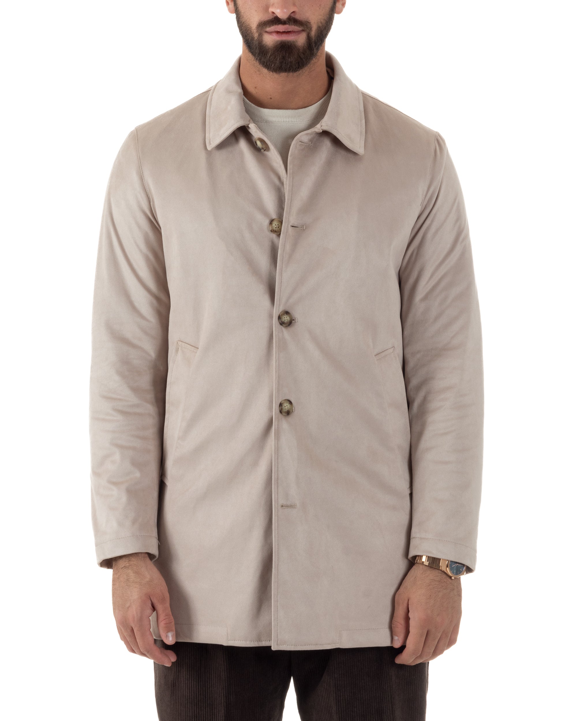 Giubbotto Uomo Trench Lungo Camoscio Imbottito Beige BlackSunday G3384A