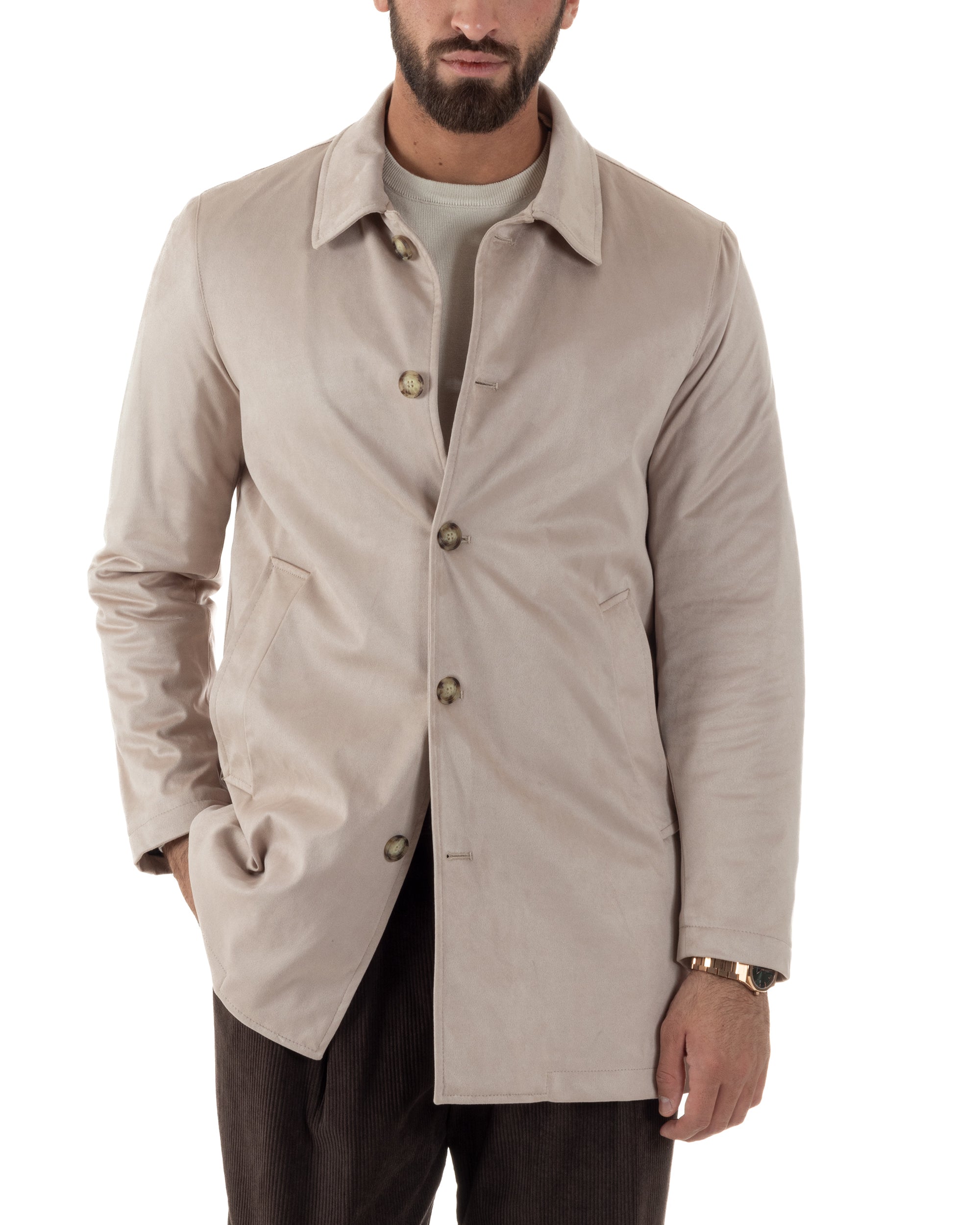 Giubbotto Uomo Trench Lungo Camoscio Imbottito Beige BlackSunday G3384A