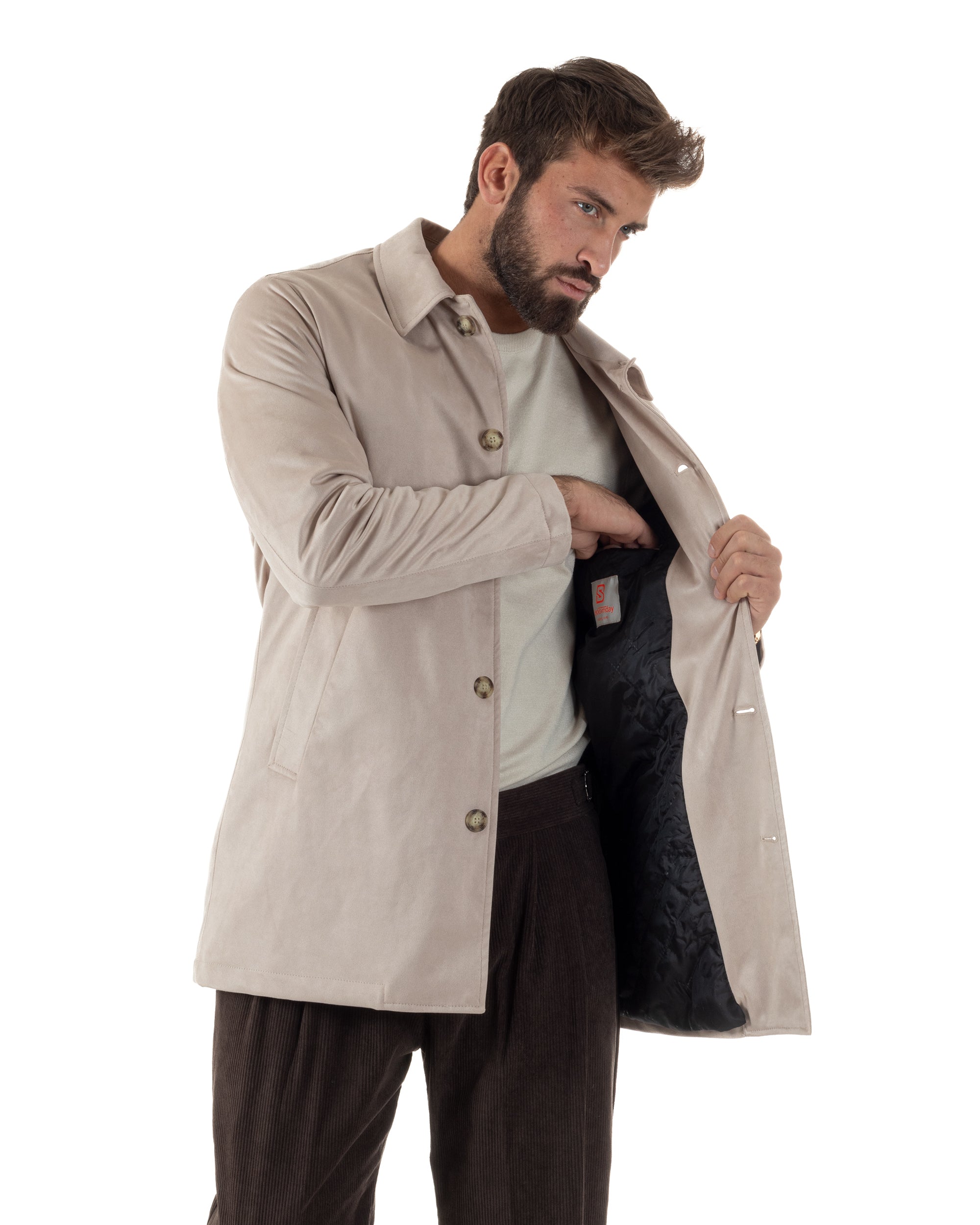 Giubbotto Uomo Trench Lungo Camoscio Imbottito Beige BlackSunday G3384A