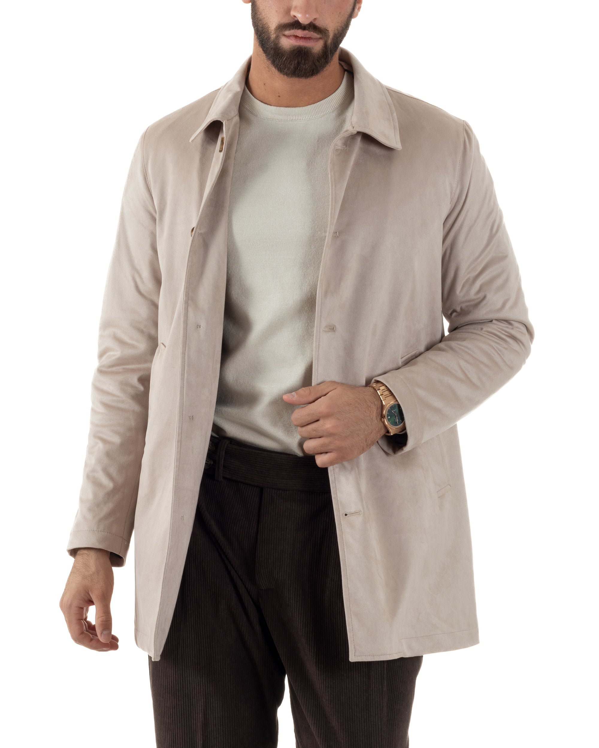 Giubbotto Uomo Trench Lungo Camoscio Imbottito Beige BlackSunday G3384A