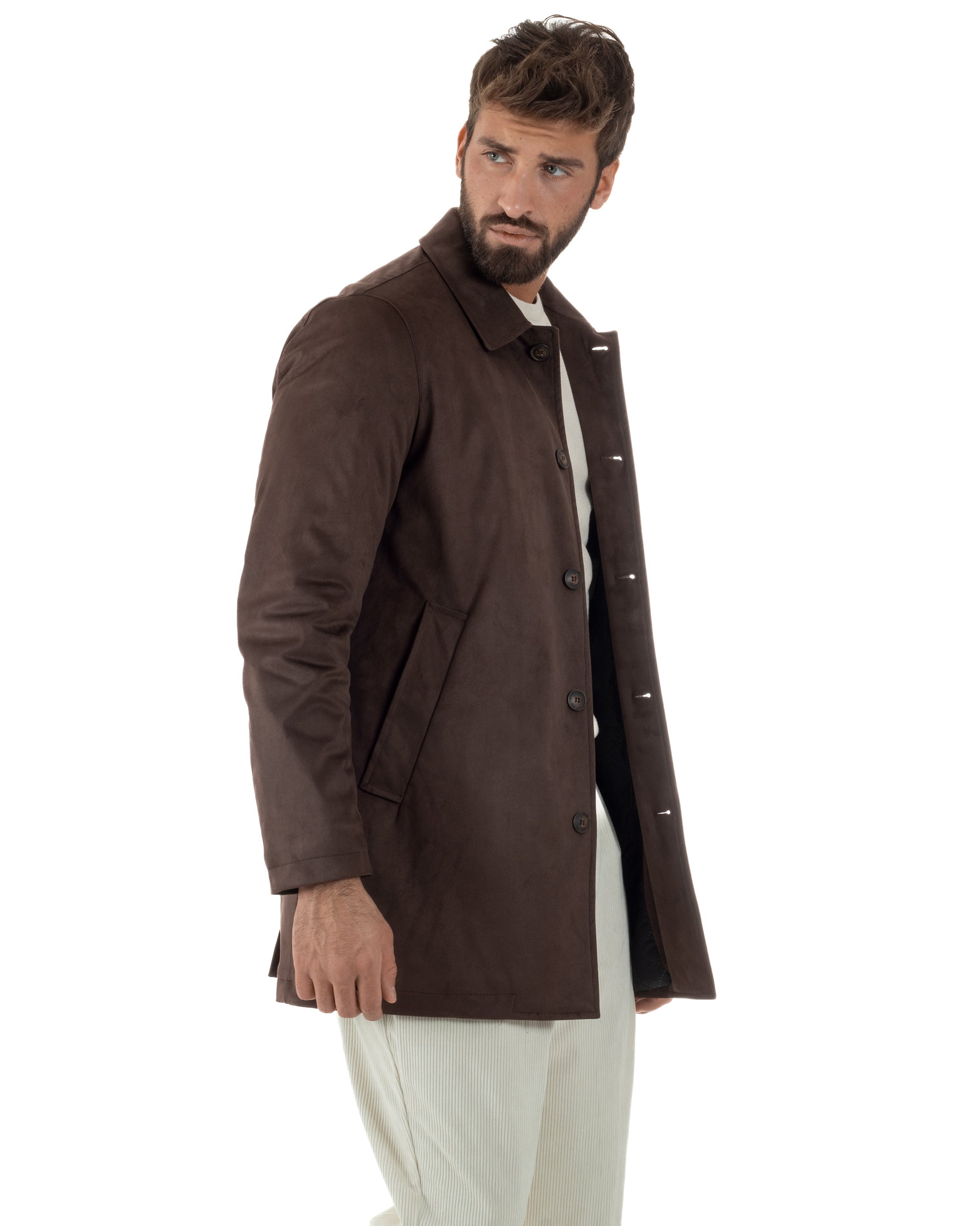Giubbotto Uomo Trench Lungo Camoscio Imbottito Marrone BlackSunday G3385A