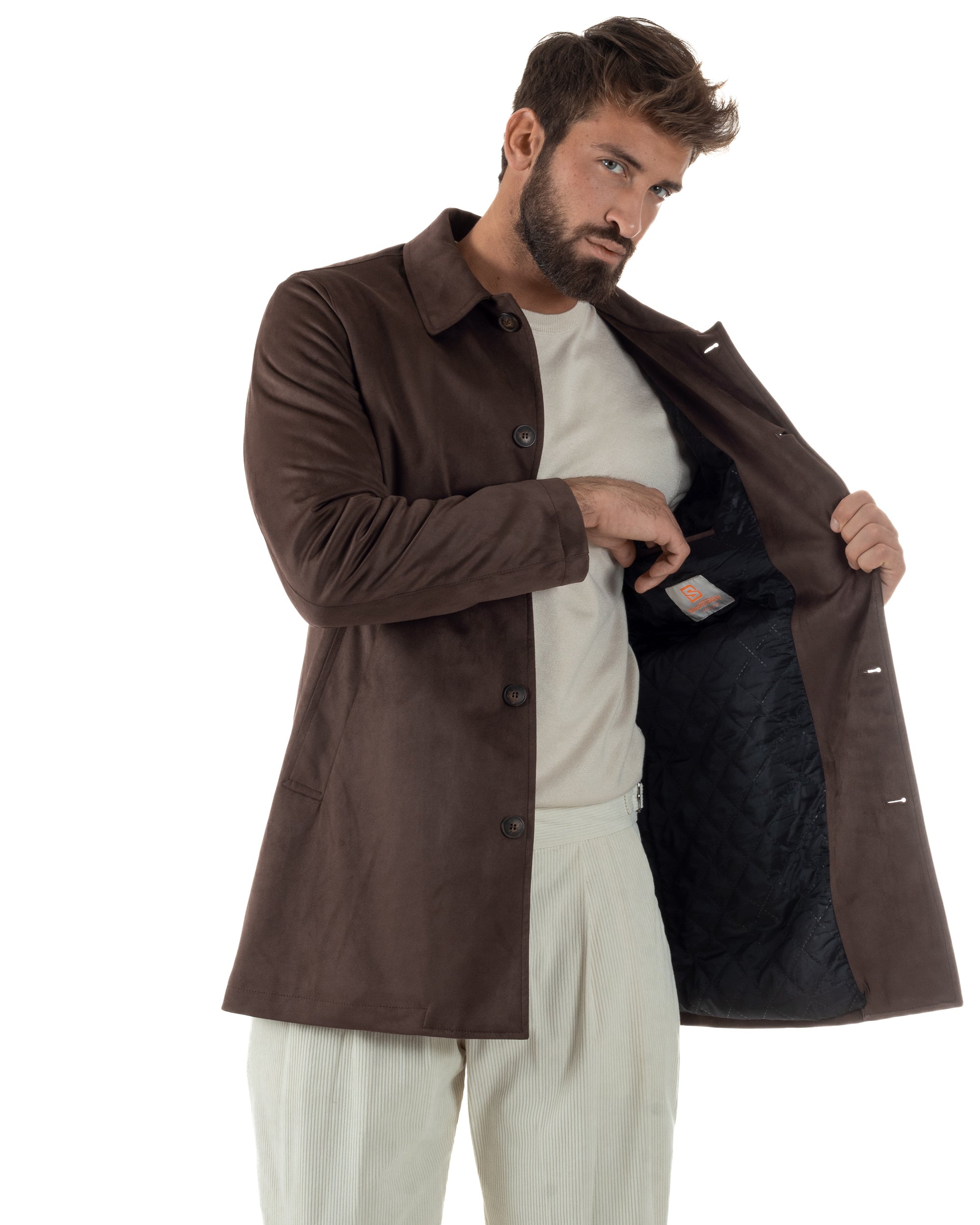 Giubbotto Uomo Trench Lungo Camoscio Imbottito Marrone BlackSunday G3385A