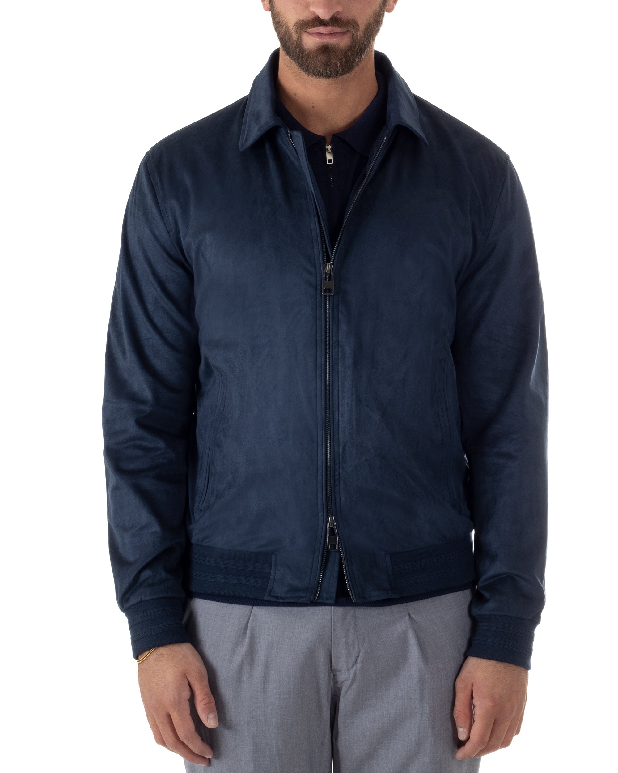 Vista completa giubbotto uomo blu navy eco camoscio smart casual