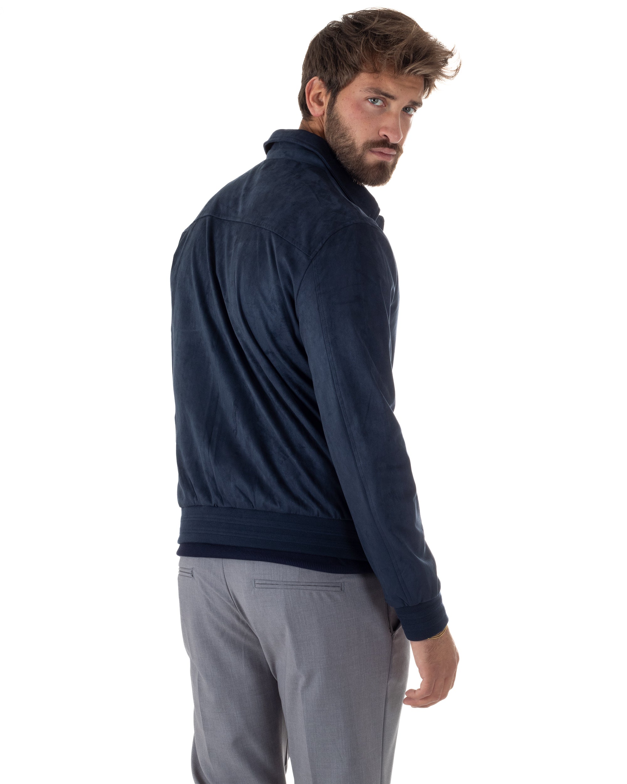 Vista posteriore giubbotto uomo blu navy eco camoscio slim fit