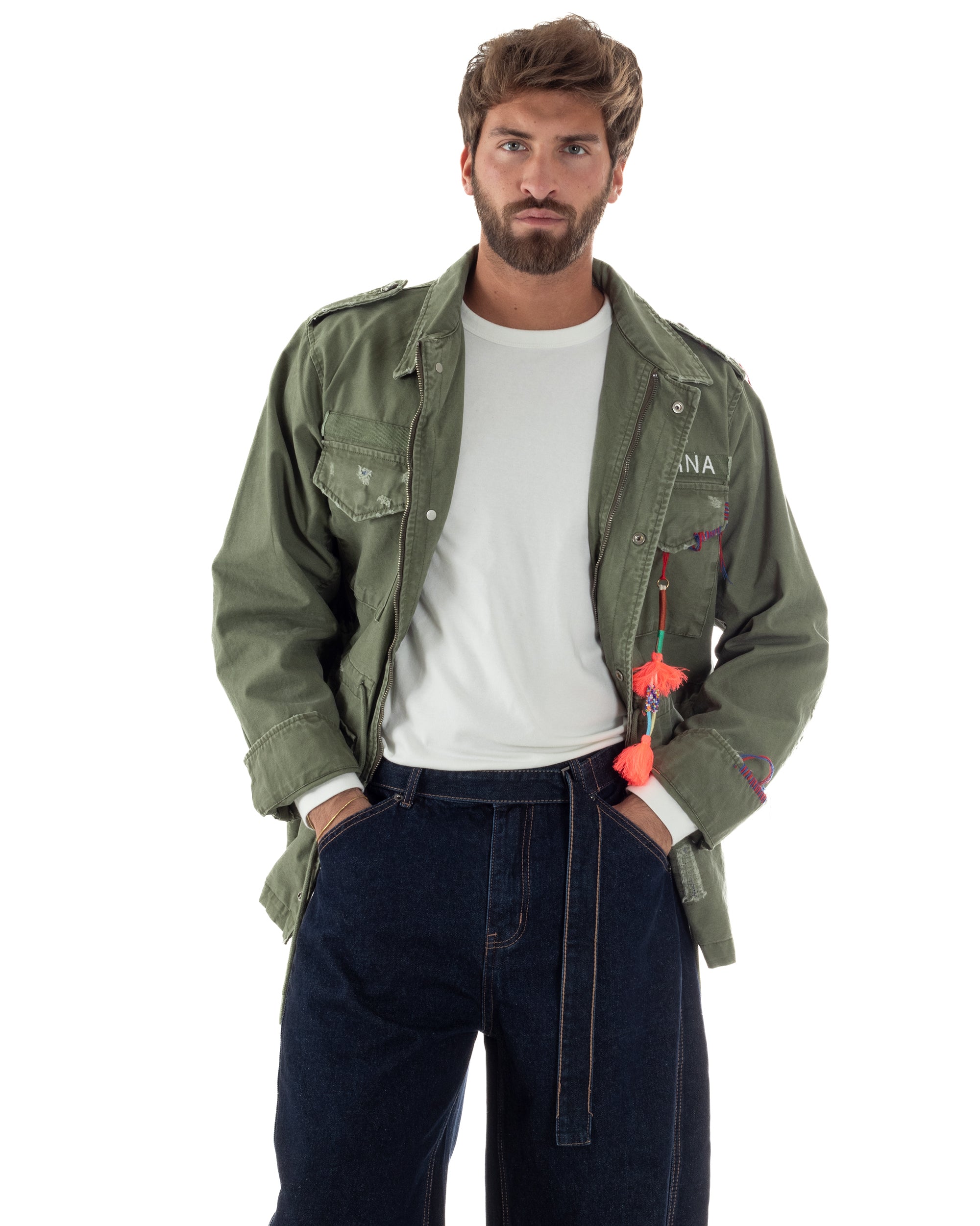 Vista completa overshirt sahariana uomo verde militare 100% cotone Berna