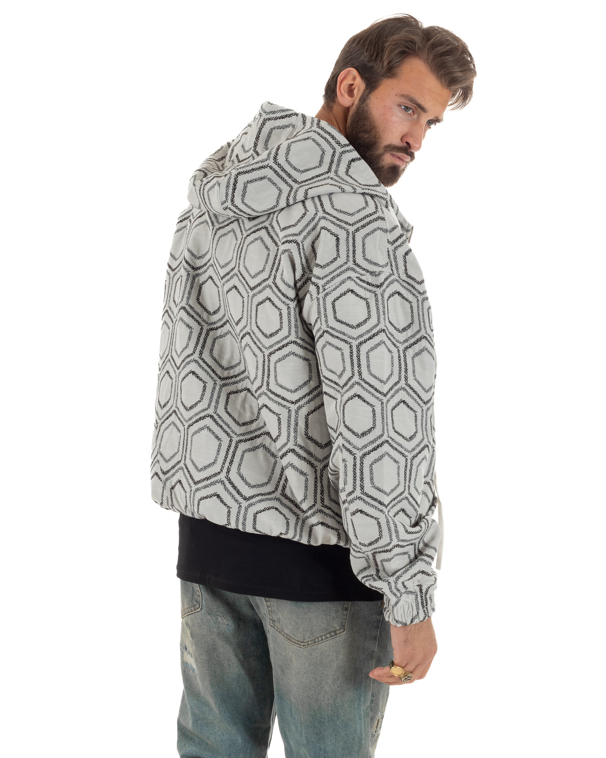 Vista completa bomber uomo bianco jacquard esagonale oversize 100% poliestere