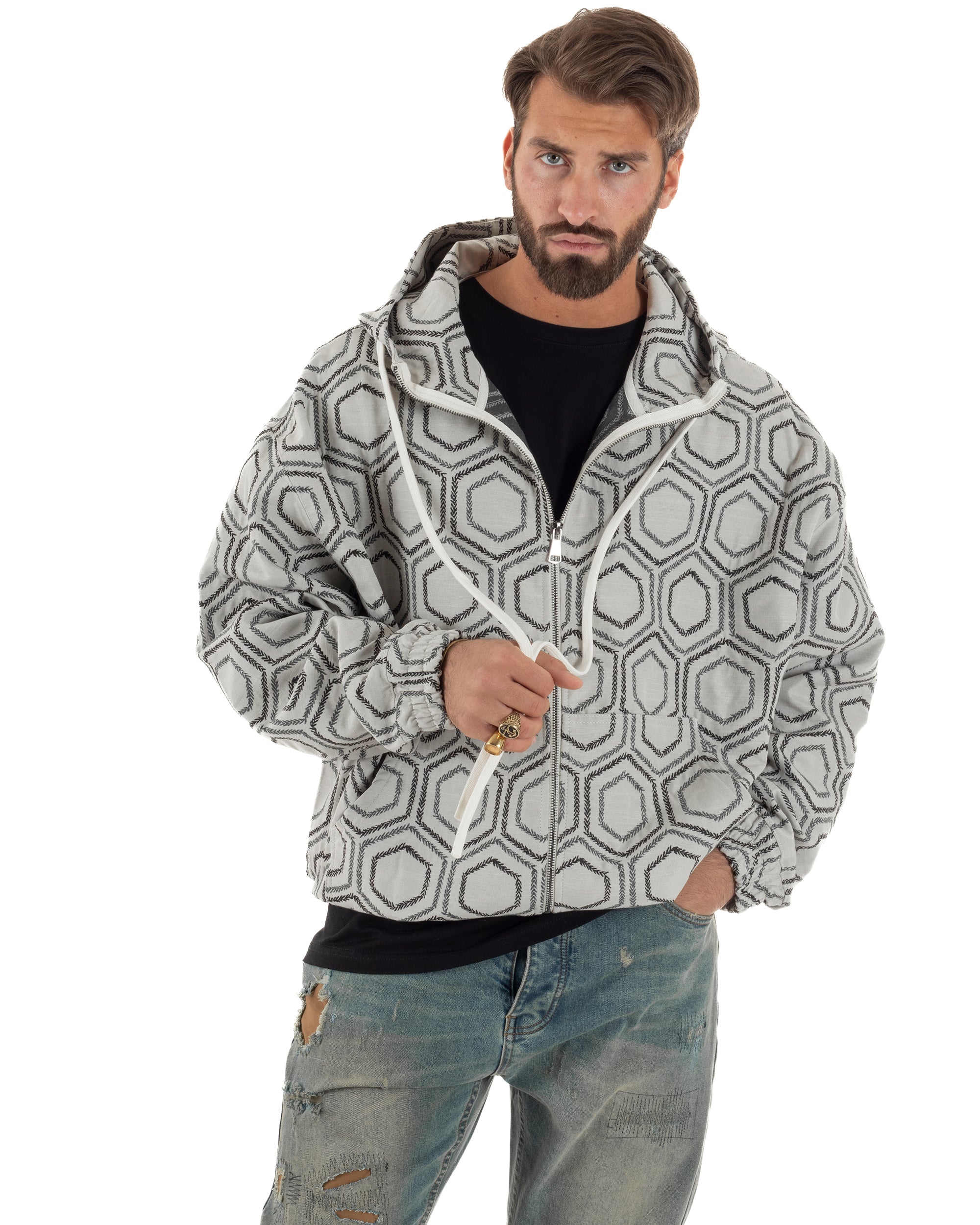 Giubbotto giacca bomber uomo cappuccio oversize crop nero GIOSAL-G3397A