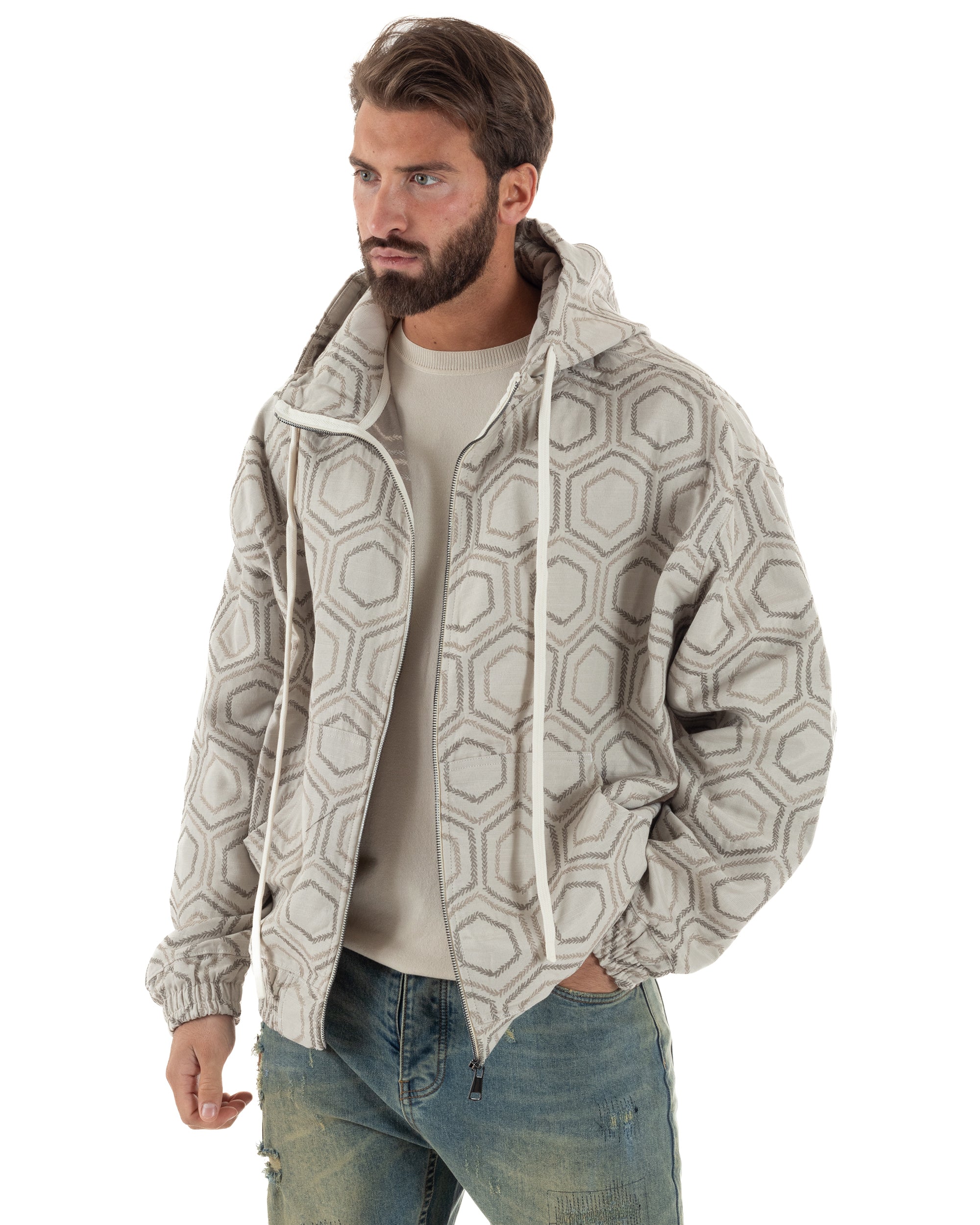 Vista laterale giacca bomber uomo beige jacquard esagonale oversize spalle dropped