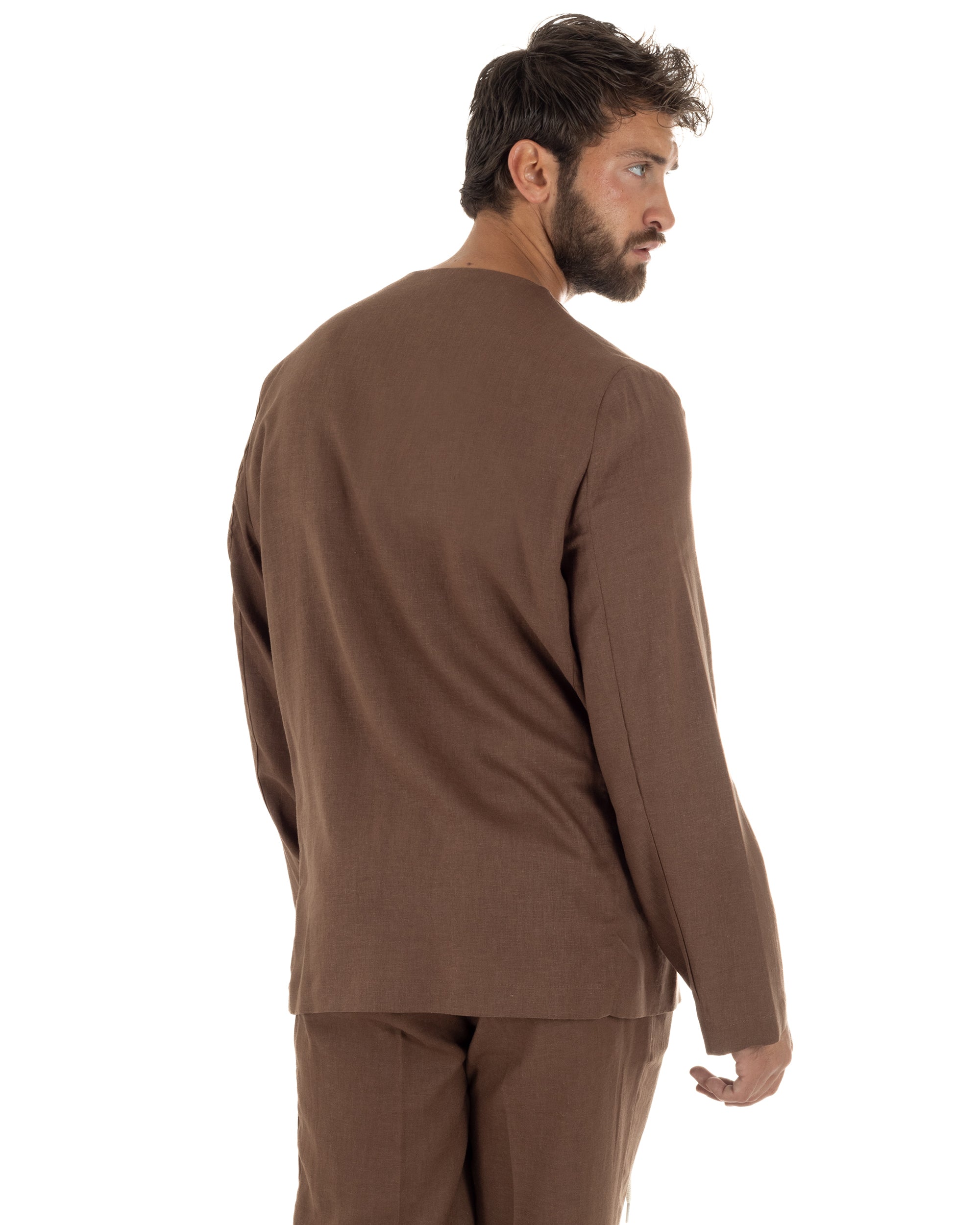 Giacca doppiopetto lino senza rever scollo v marrone GIOSAL-G3399A