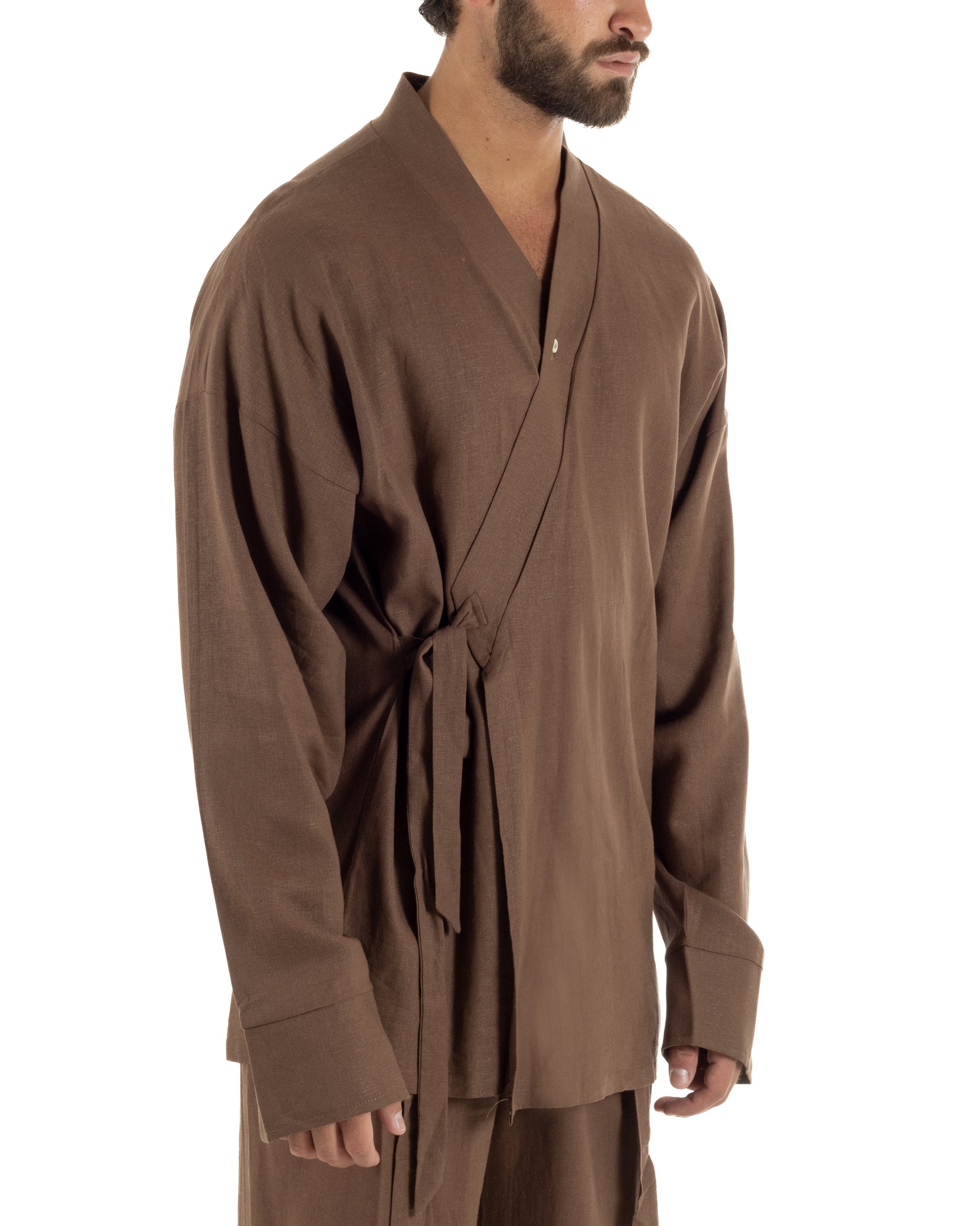 Giacca kimono lino relaxed fit morbido tinta unita marrone GIOSAL-G3400A