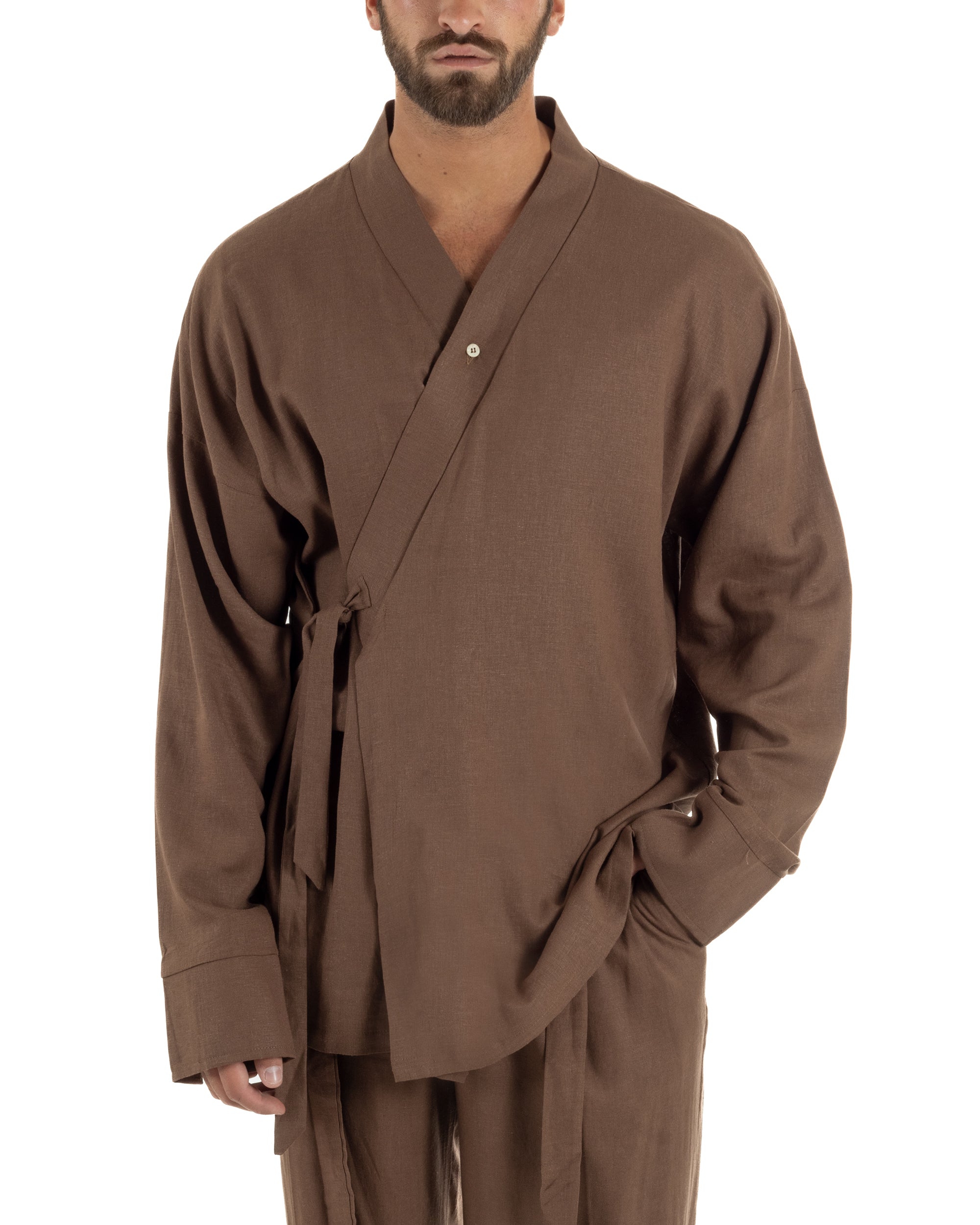 Giacca kimono lino relaxed fit morbido tinta unita marrone GIOSAL-G3400A