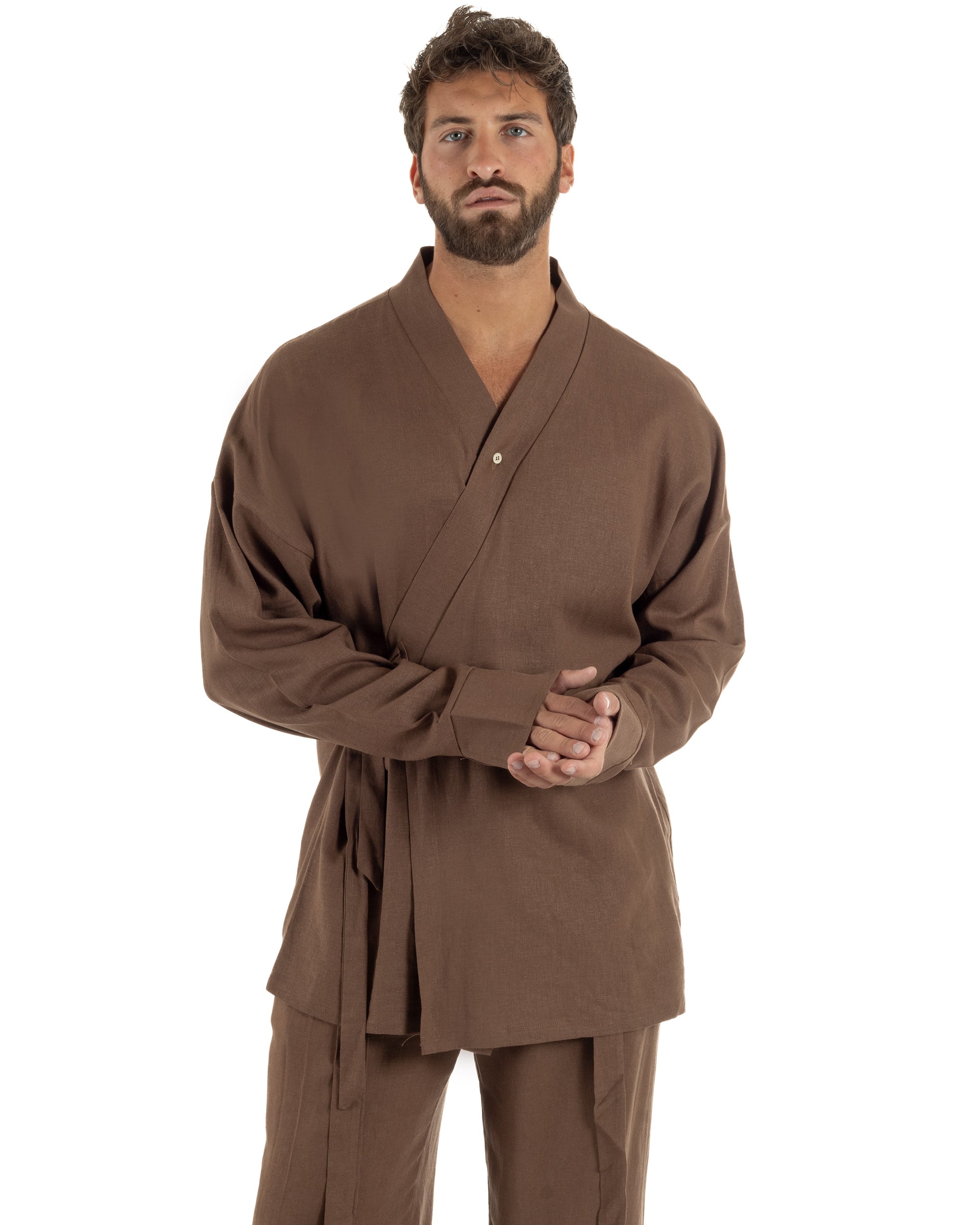Giacca kimono lino relaxed fit morbido tinta unita marrone GIOSAL-G3400A