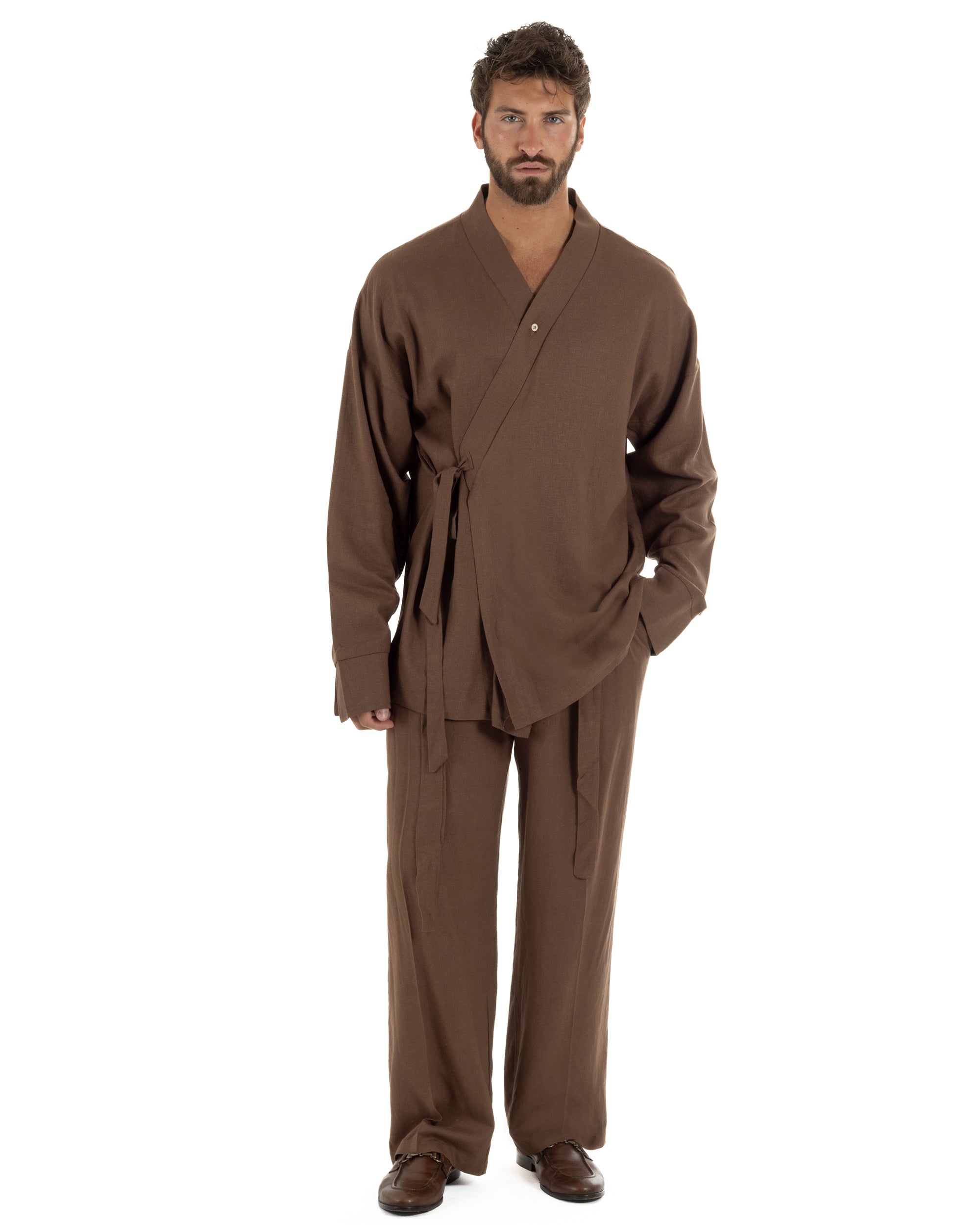 Giacca kimono lino relaxed fit morbido tinta unita marrone GIOSAL-G3400A