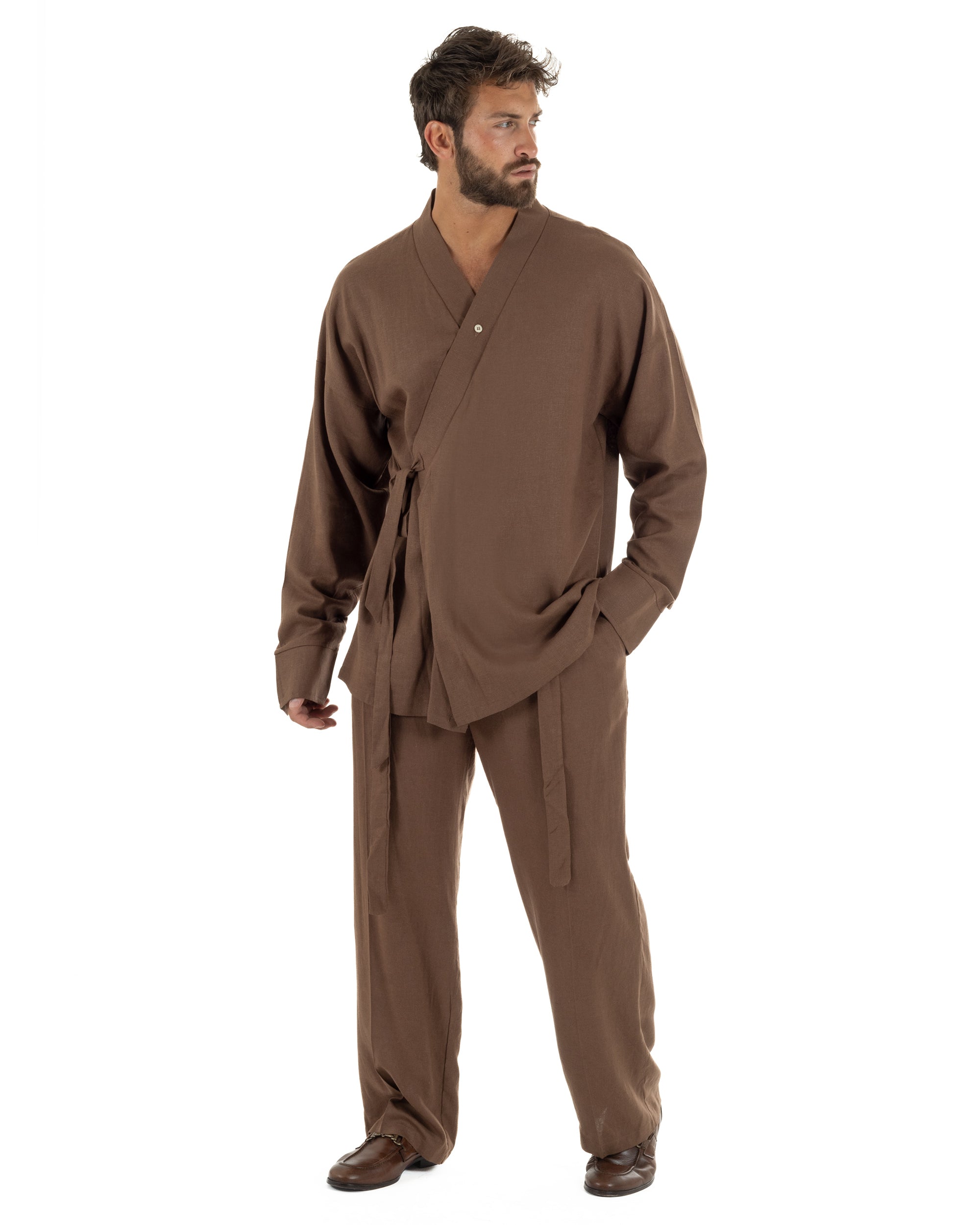 Giacca kimono lino relaxed fit morbido tinta unita marrone GIOSAL-G3400A