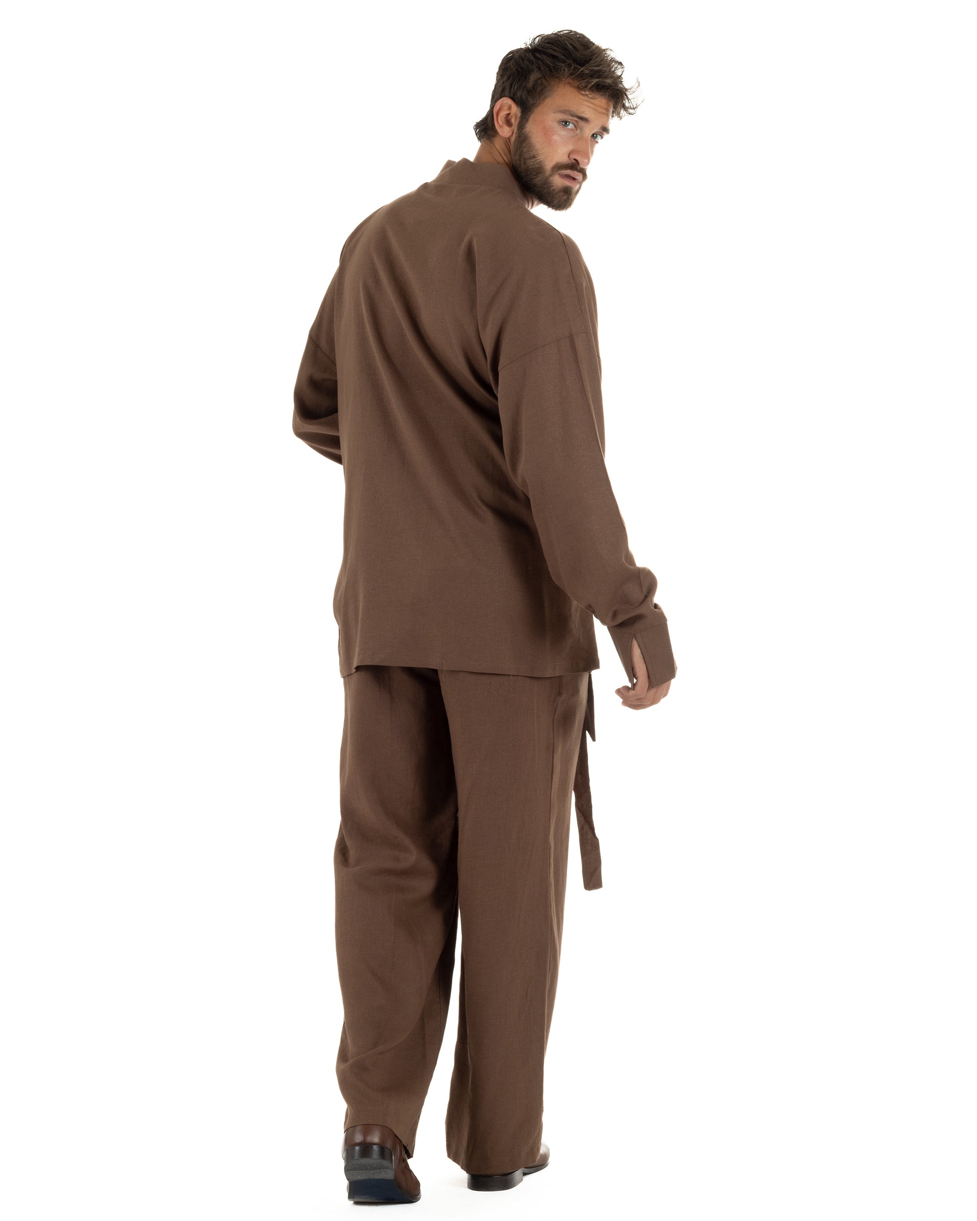 Giacca kimono lino relaxed fit morbido tinta unita marrone GIOSAL-G3400A