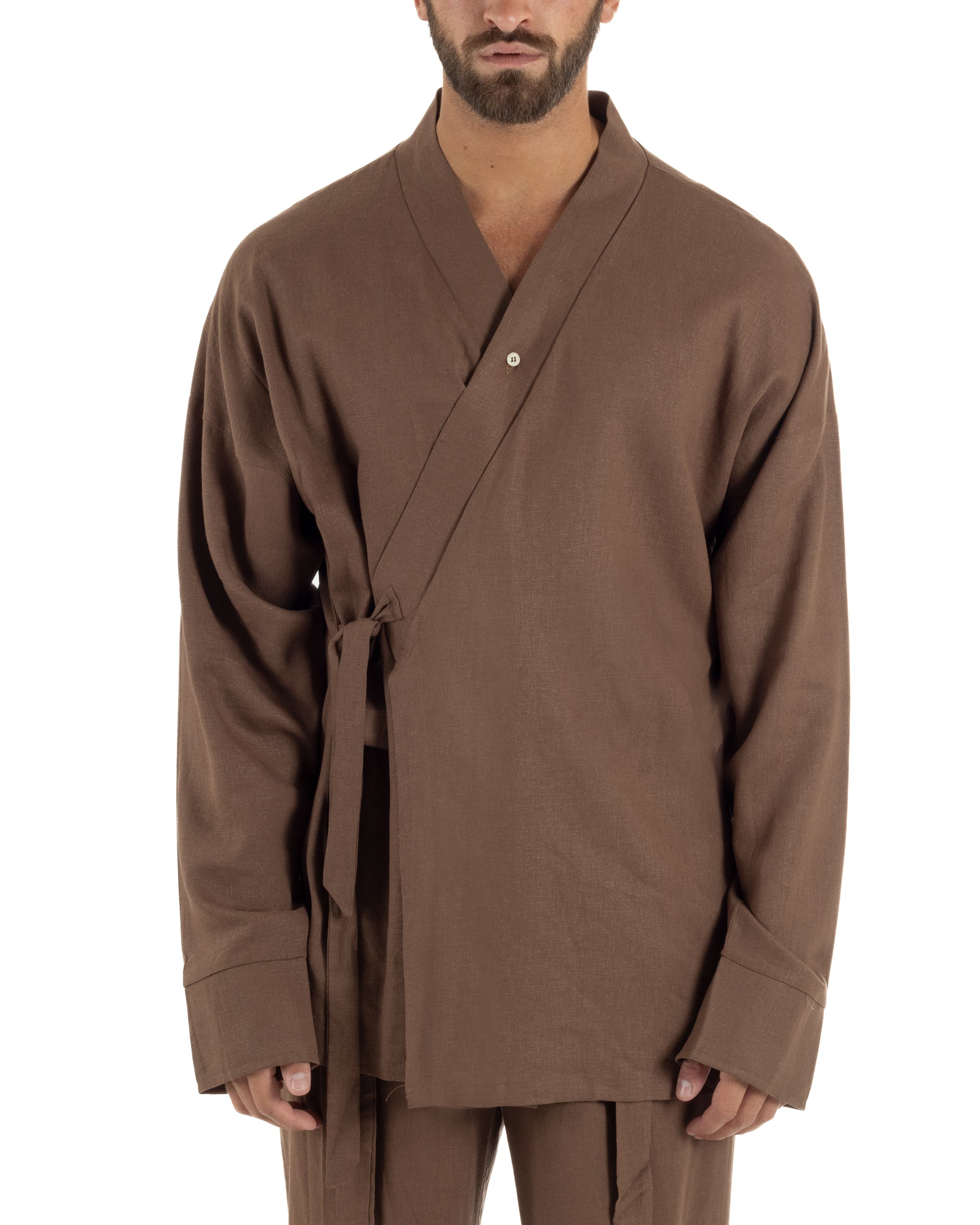 Giacca kimono lino relaxed fit morbido tinta unita marrone GIOSAL-G3400A