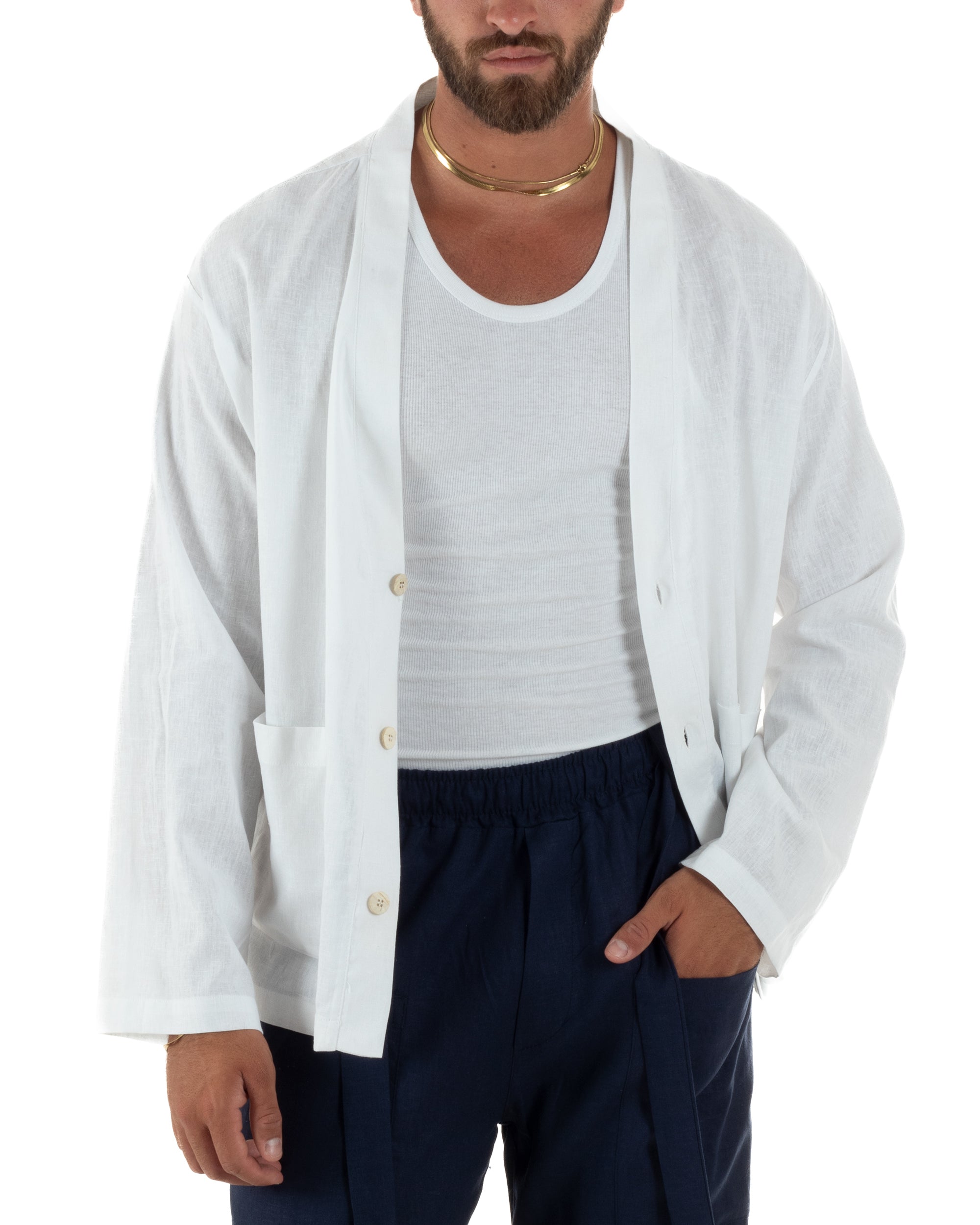 Giacca uomo lino scollo a v relaxed fit tasconi bianco GIOSAL-G3401A