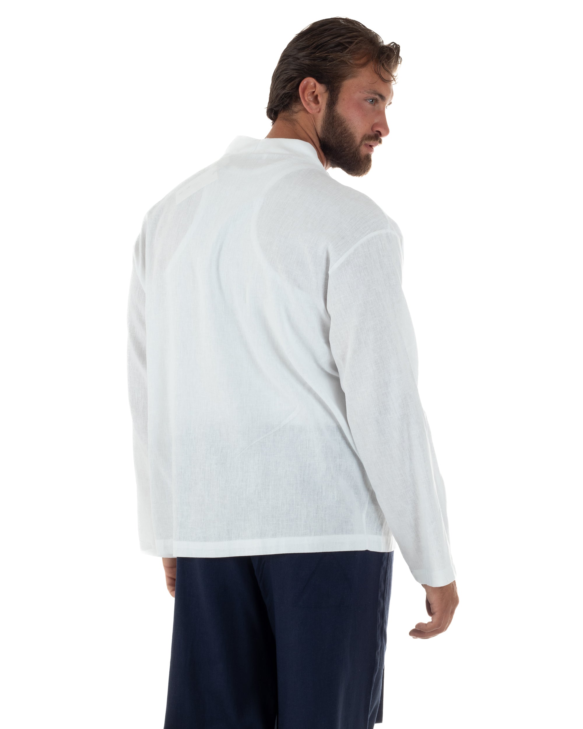 Giacca uomo lino scollo a v relaxed fit tasconi bianco GIOSAL-G3401A