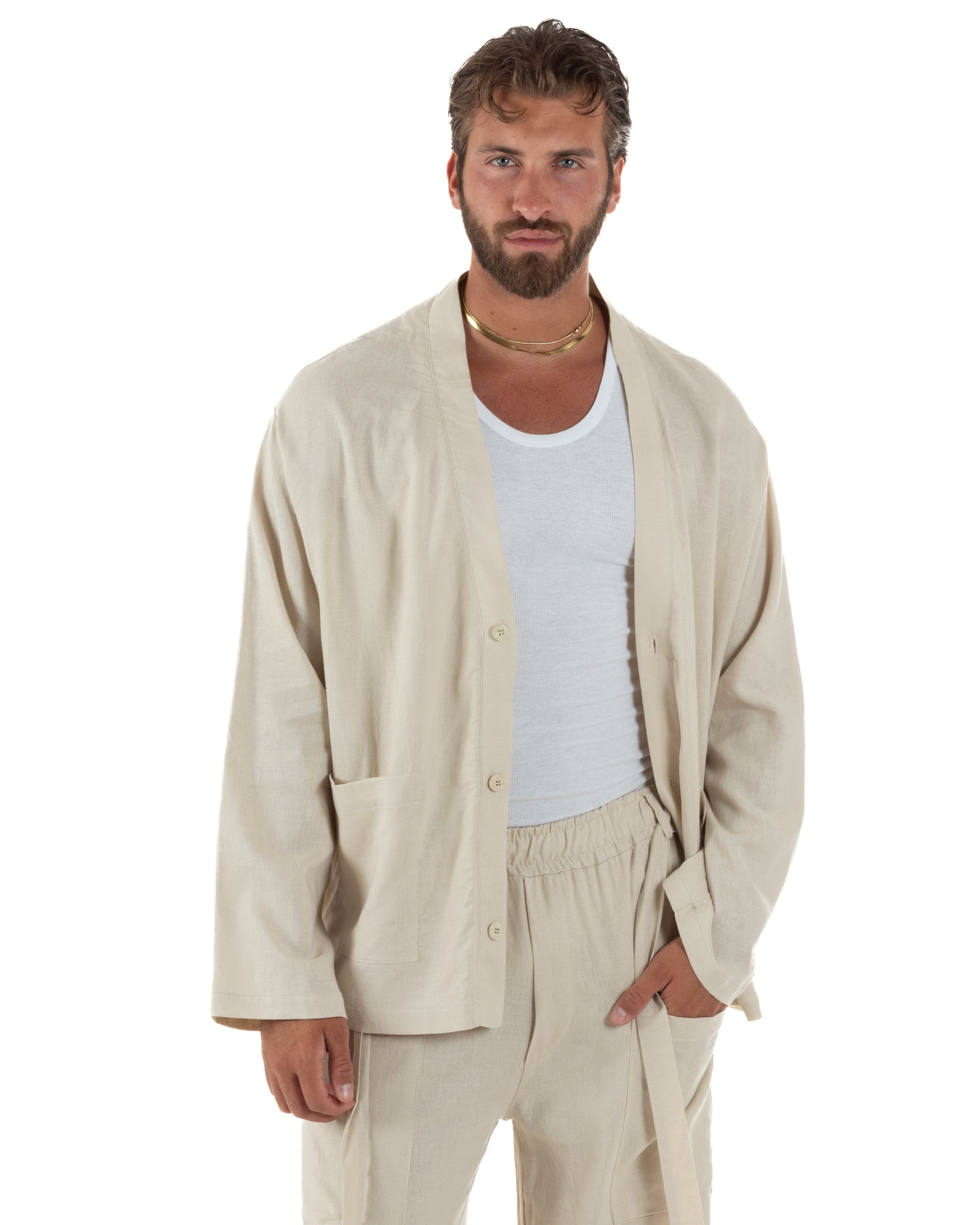 Giacca uomo lino scollo a v relaxed fit tasconi beige GIOSAL-G3402A