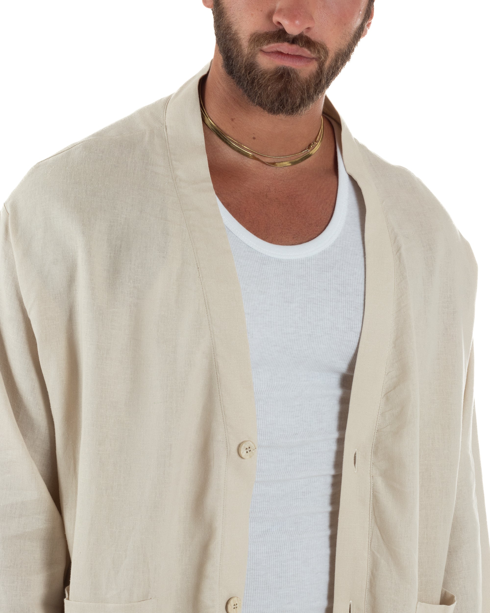 Giacca uomo lino scollo a v relaxed fit tasconi beige GIOSAL-G3402A