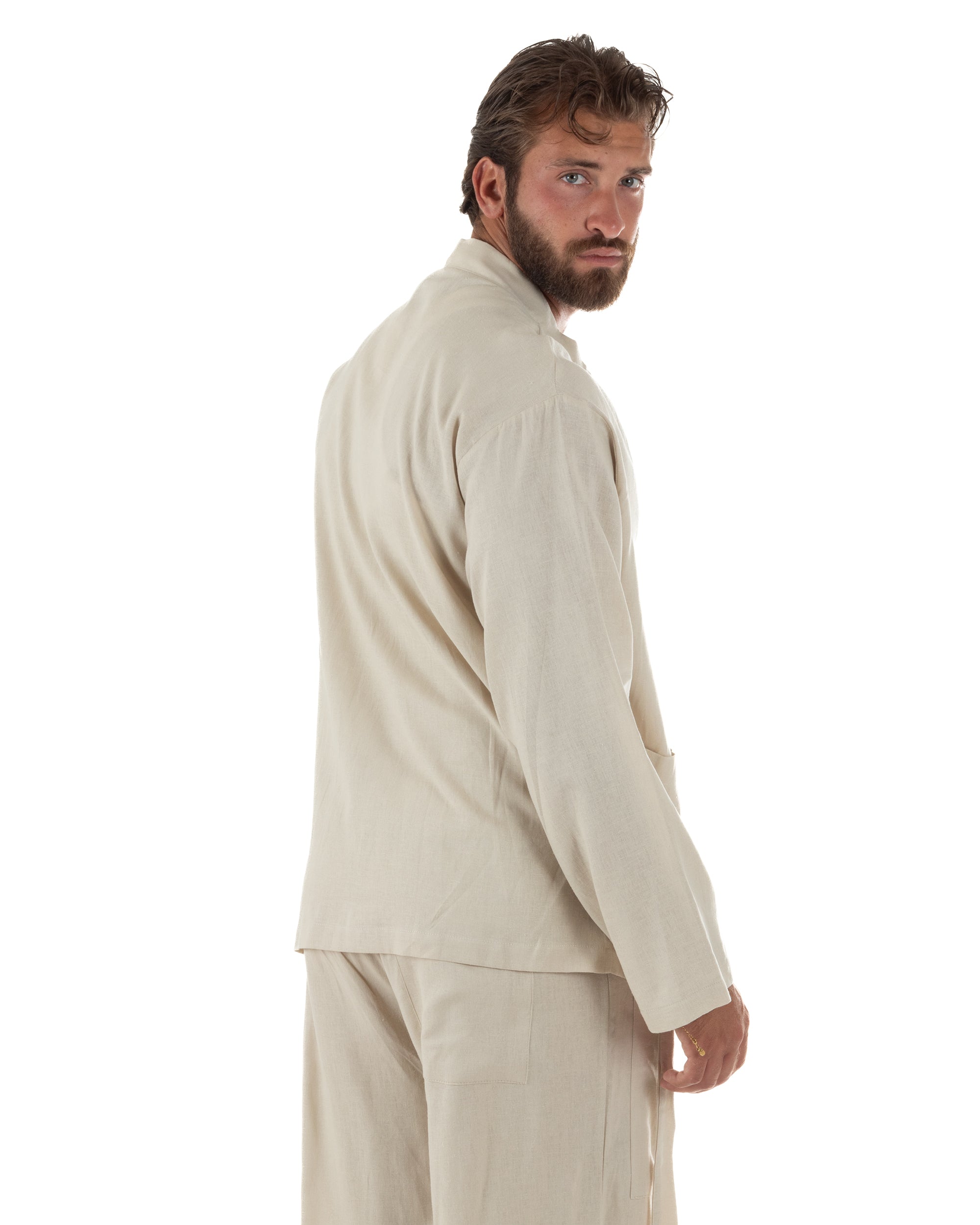 Giacca uomo lino scollo a v relaxed fit tasconi beige GIOSAL-G3402A