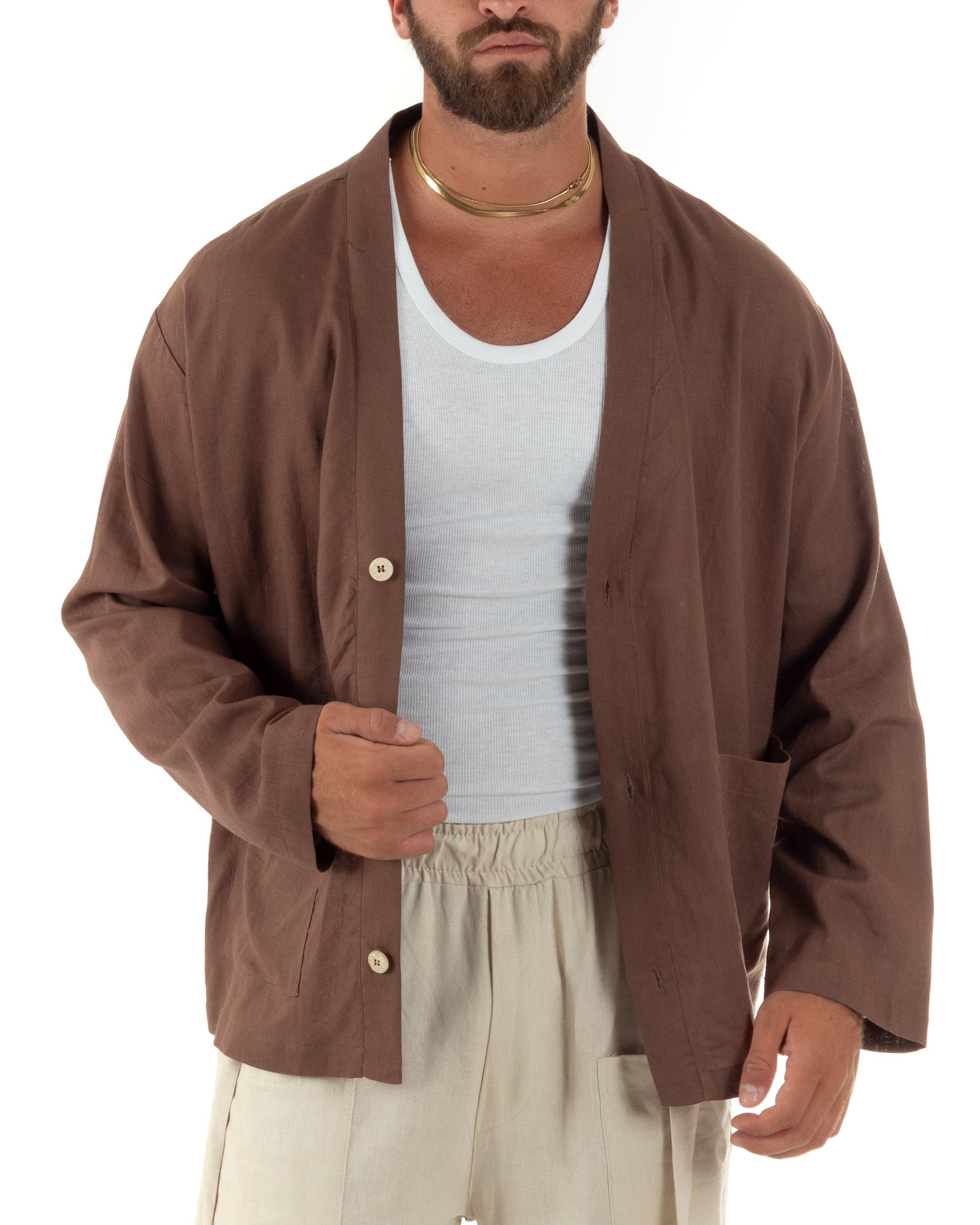 Giacca uomo lino scollo a v relaxed fit tasconi marrone GIOSAL-G3403A