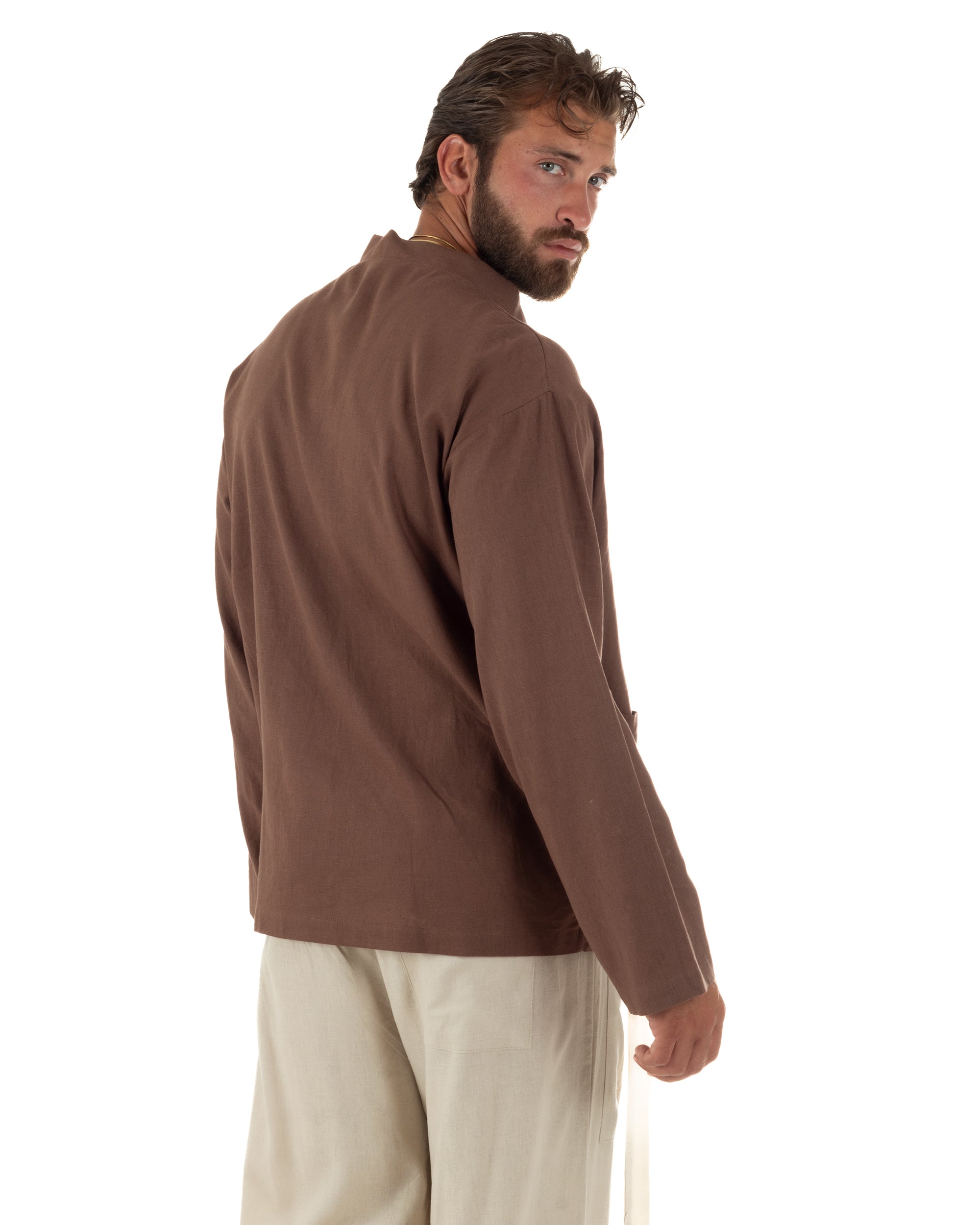 Giacca uomo lino scollo a v relaxed fit tasconi marrone GIOSAL-G3403A