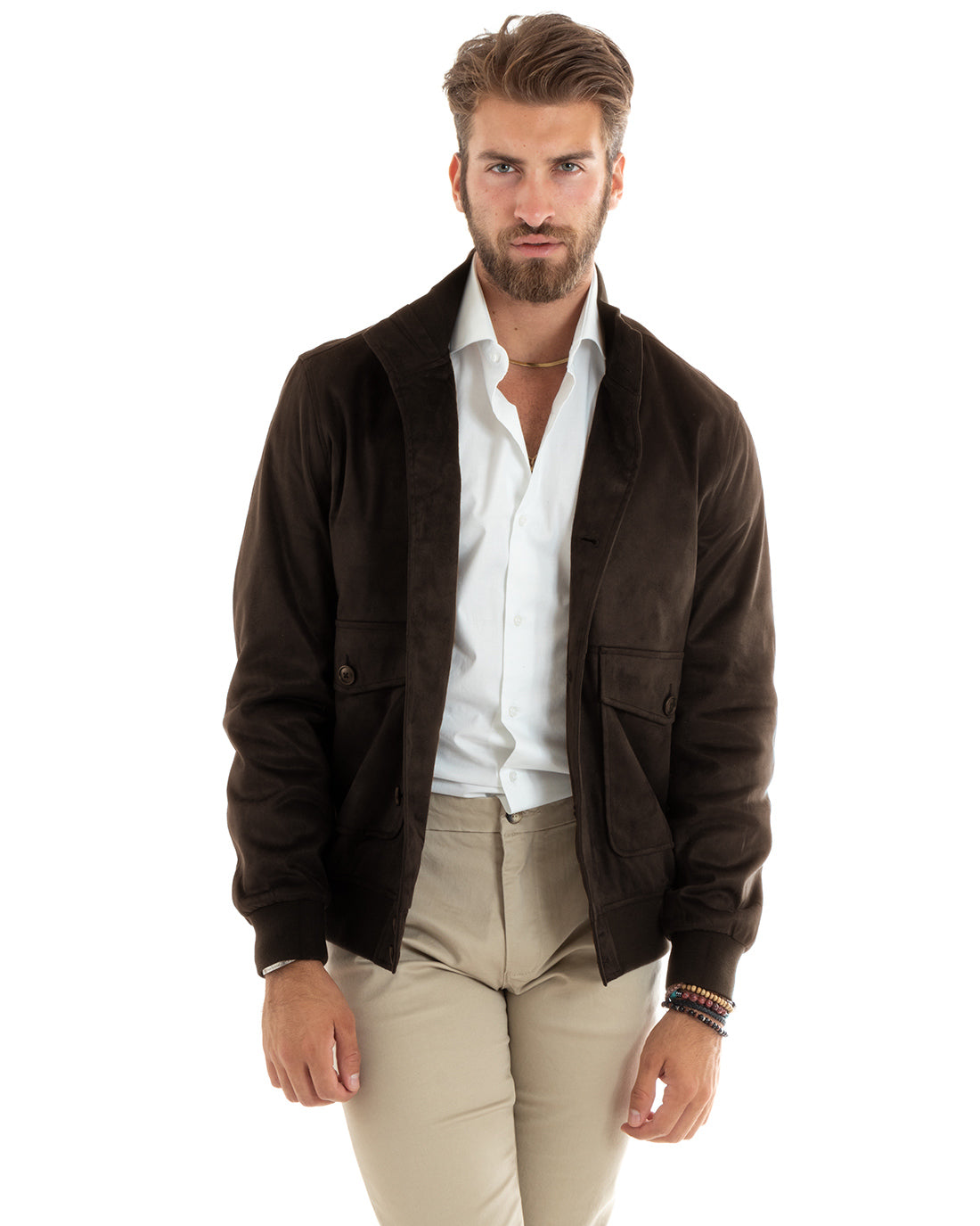 Giubbotto uomo giacca college camoscio con bottoni tasche con patta marrone casual GIOSAL-G3404A