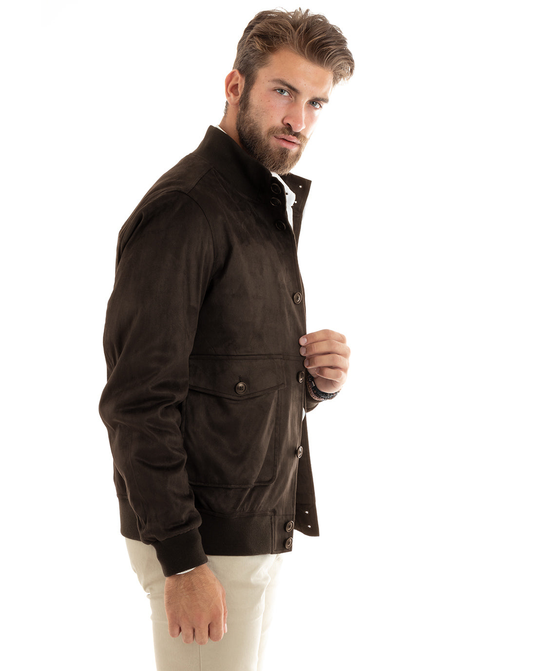 Giubbotto uomo giacca college camoscio con bottoni tasche con patta marrone casual GIOSAL-G3404A