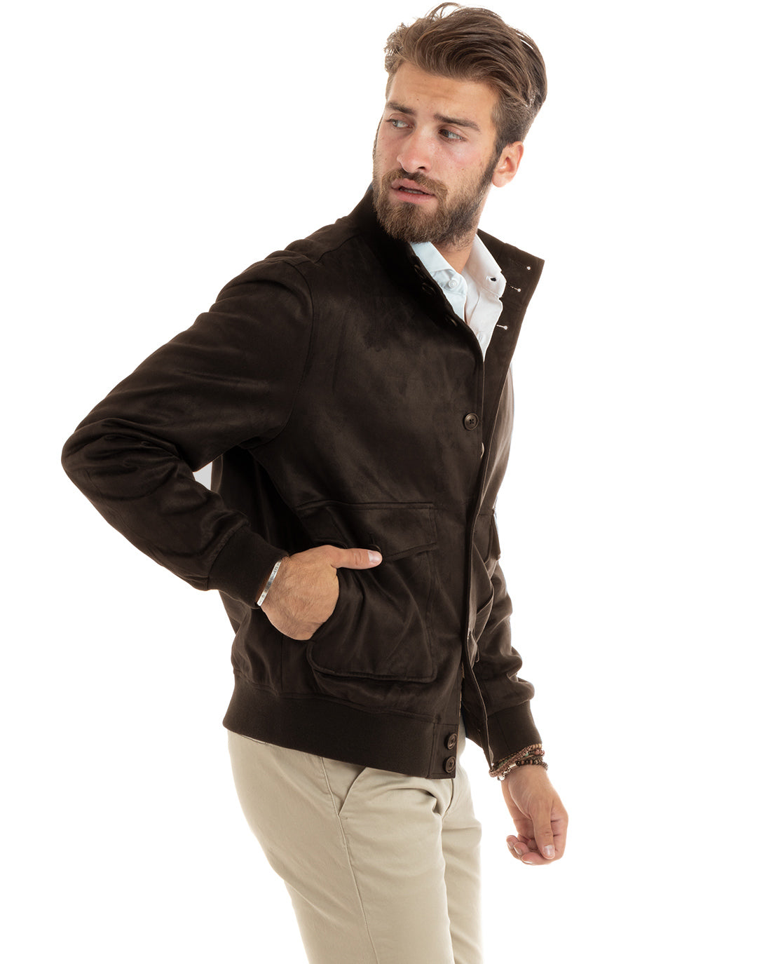 Giubbotto uomo giacca college camoscio con bottoni tasche con patta marrone casual GIOSAL-G3404A