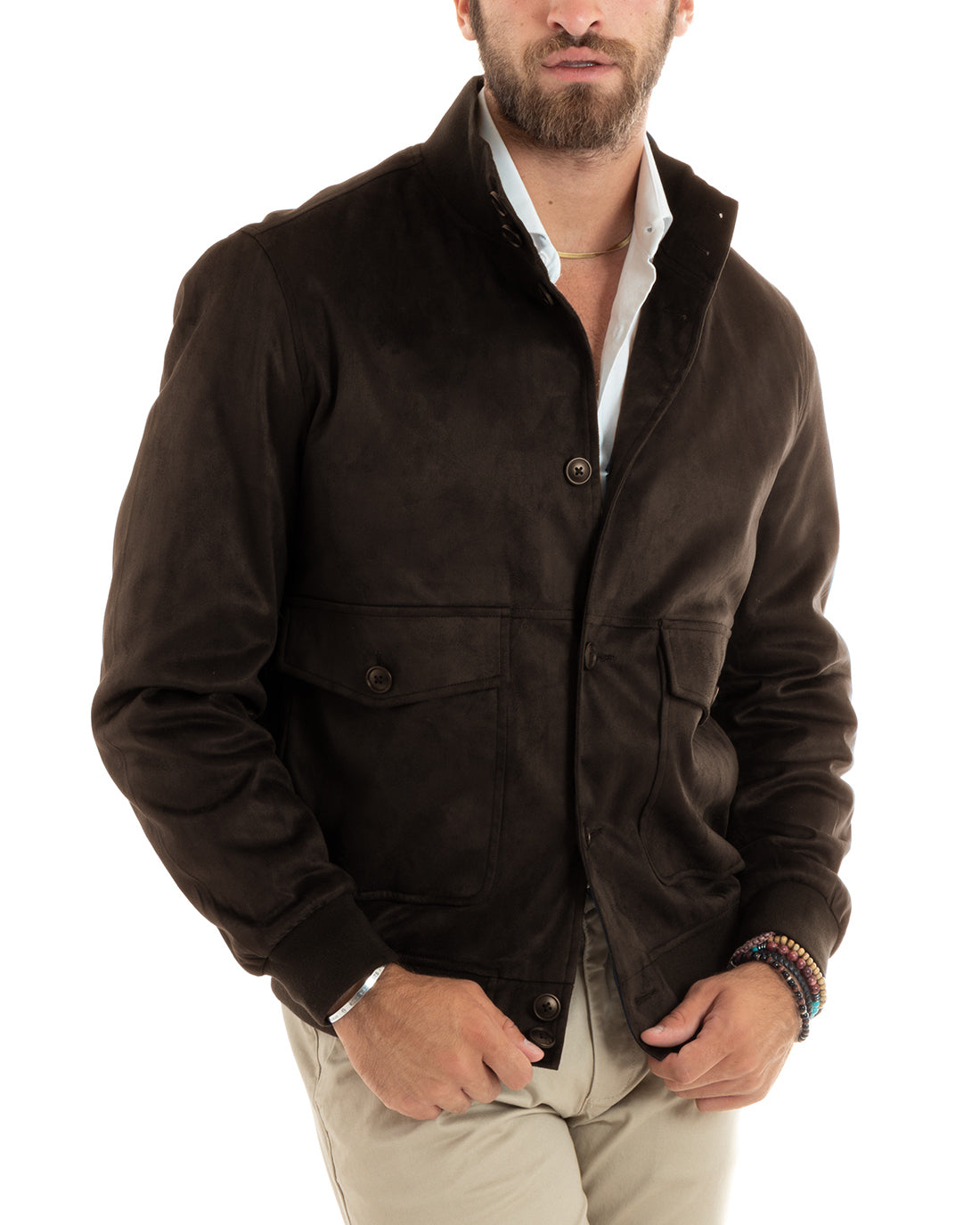Giubbotto uomo giacca college camoscio con bottoni tasche con patta marrone casual GIOSAL-G3404A