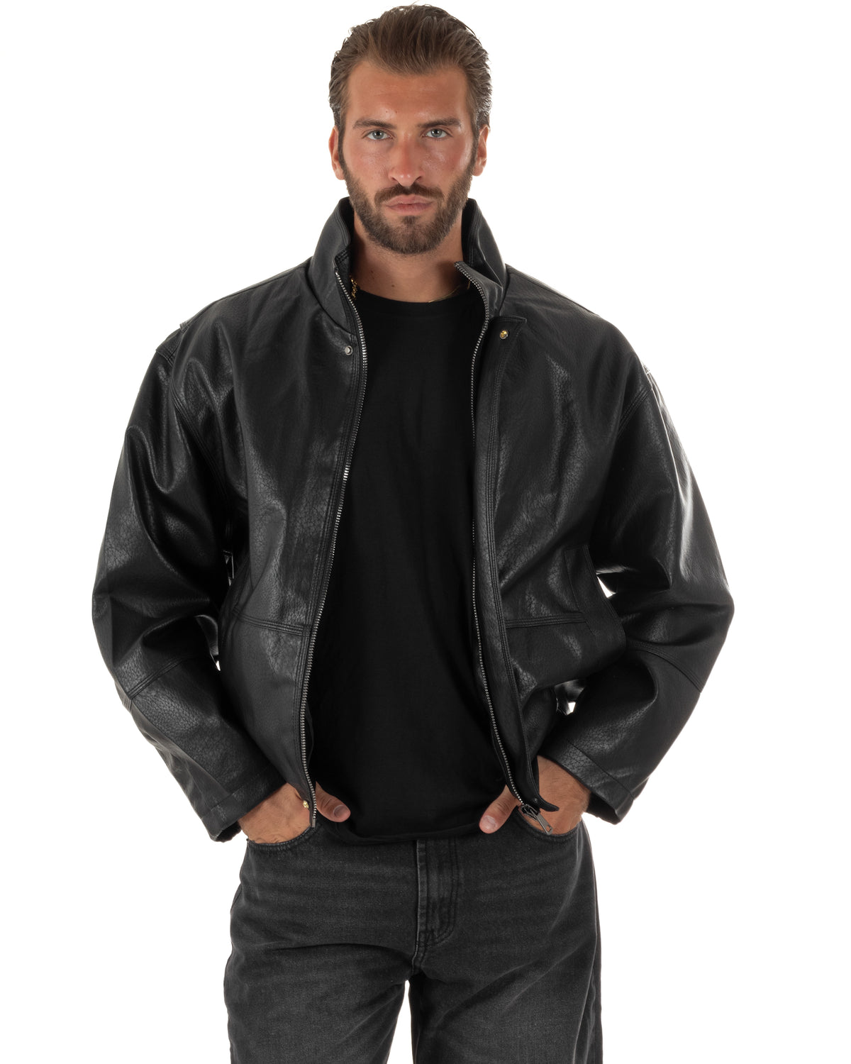 Giubbotto uomo crop giacca bomber boxy zip collo alto ecopelle nero GIOSAL-G3406A