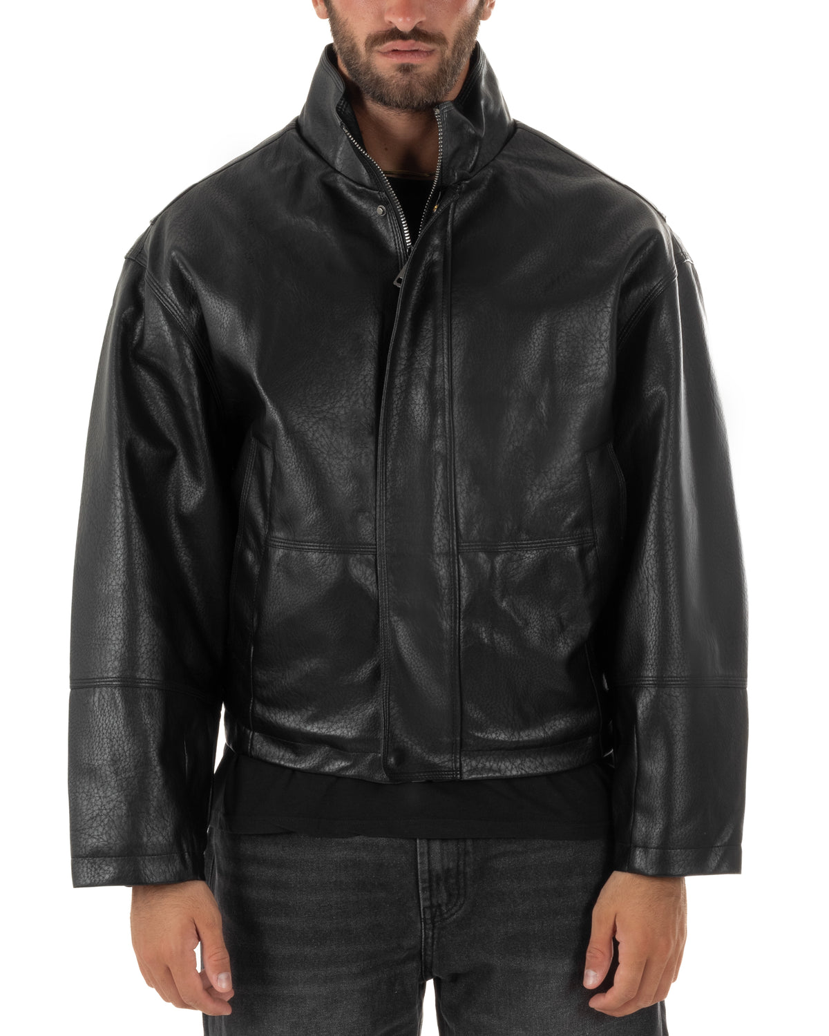 Giubbotto uomo crop giacca bomber boxy zip collo alto ecopelle nero GIOSAL-G3406A