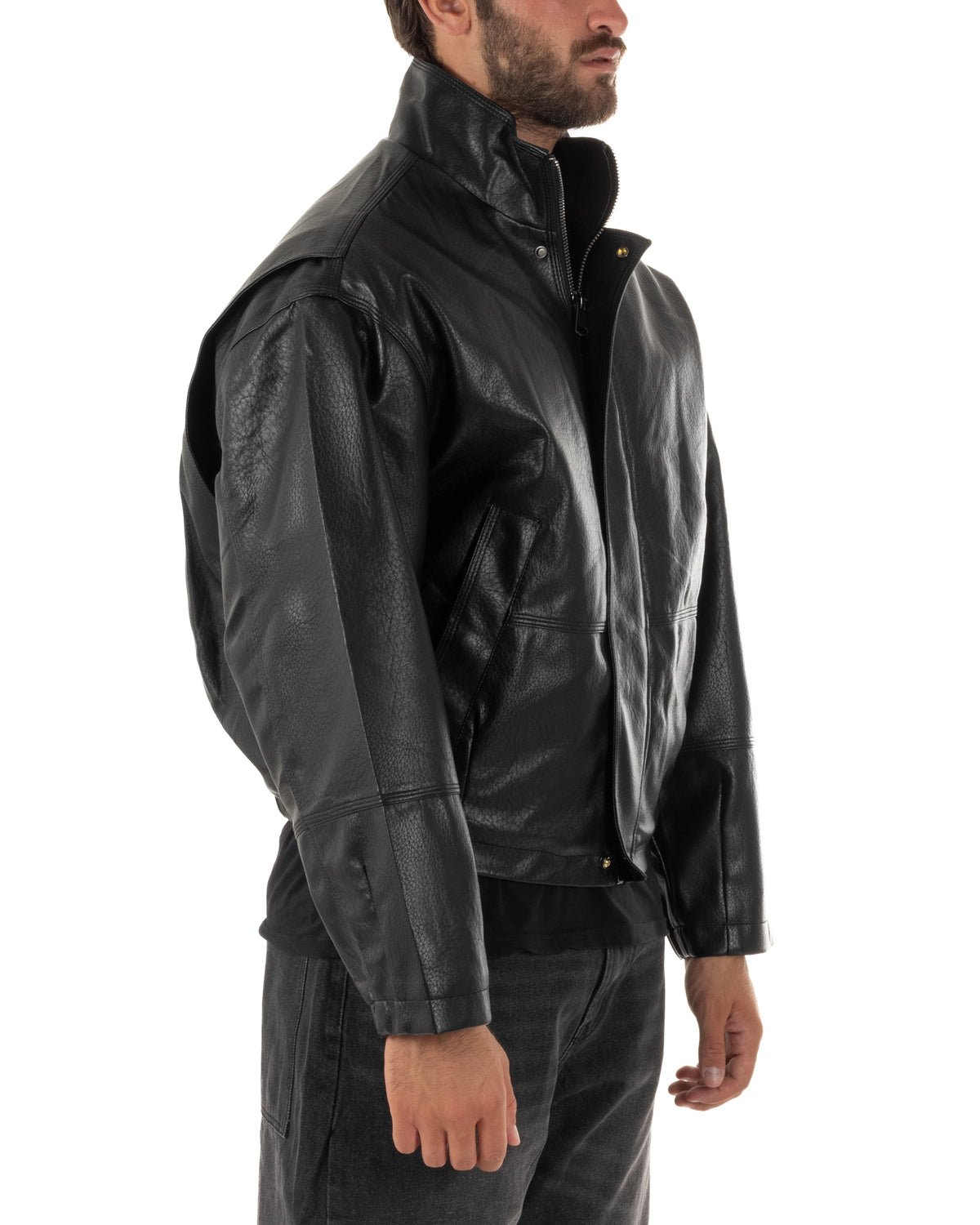 Giubbotto uomo crop giacca bomber boxy zip collo alto ecopelle nero GIOSAL-G3406A